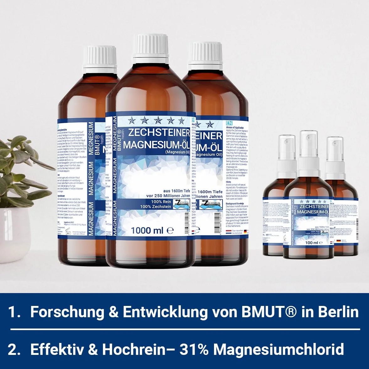 1000 ml oleju magnezowego + 100 ml spray Premium Set | 100% kamień zechstein | do masażu skóry, uprawiania sportu i relaksu mięśni | butelka z rozpylaczem z olejkiem magnezowym