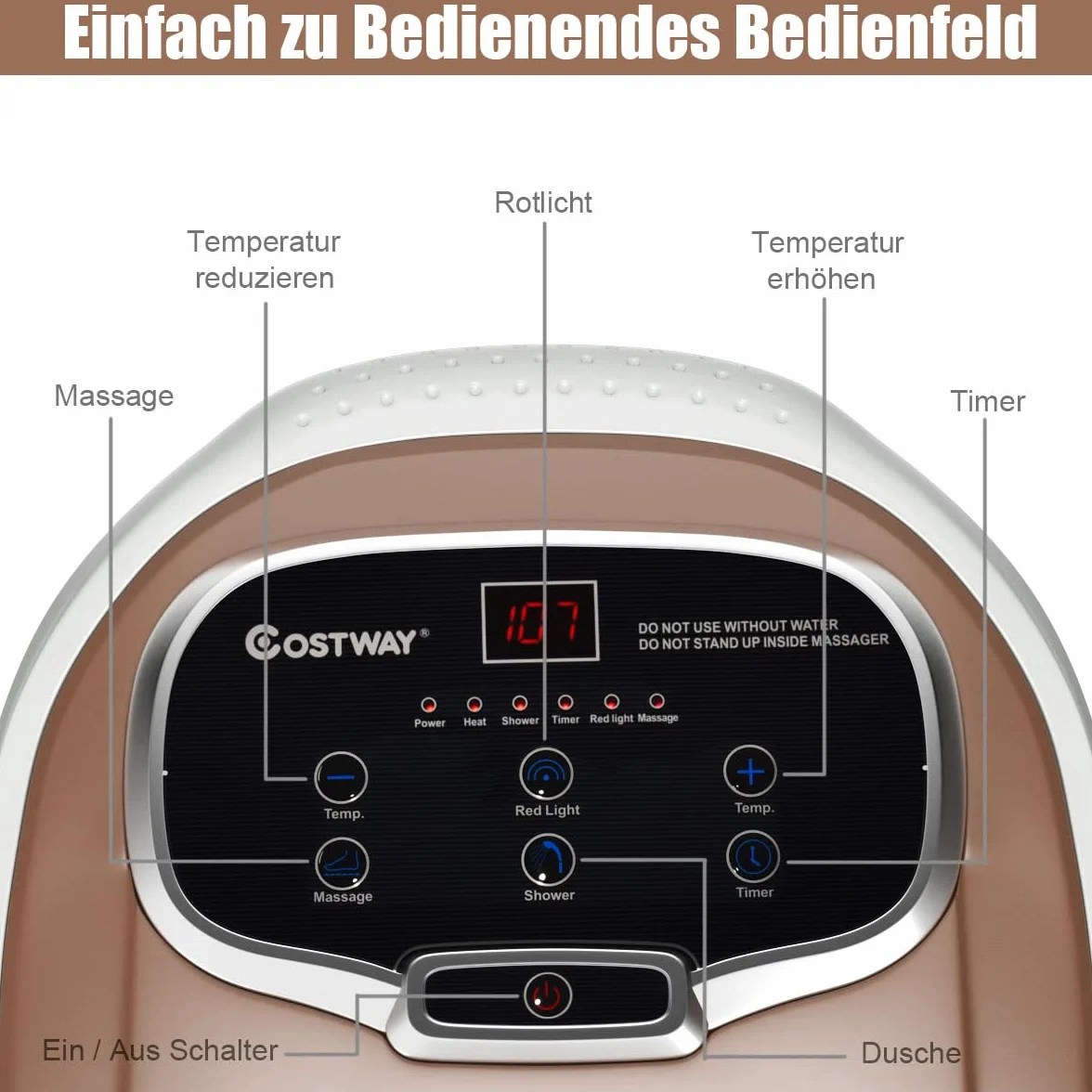 COSTWAY Shiatsu masażer do stóp z kółkami, elektryczne urządzenie do masażu stóp, Shiatsu, masażer stóp, spa, 10-60 min, timer 35-48℃, 500 W (brązowy)