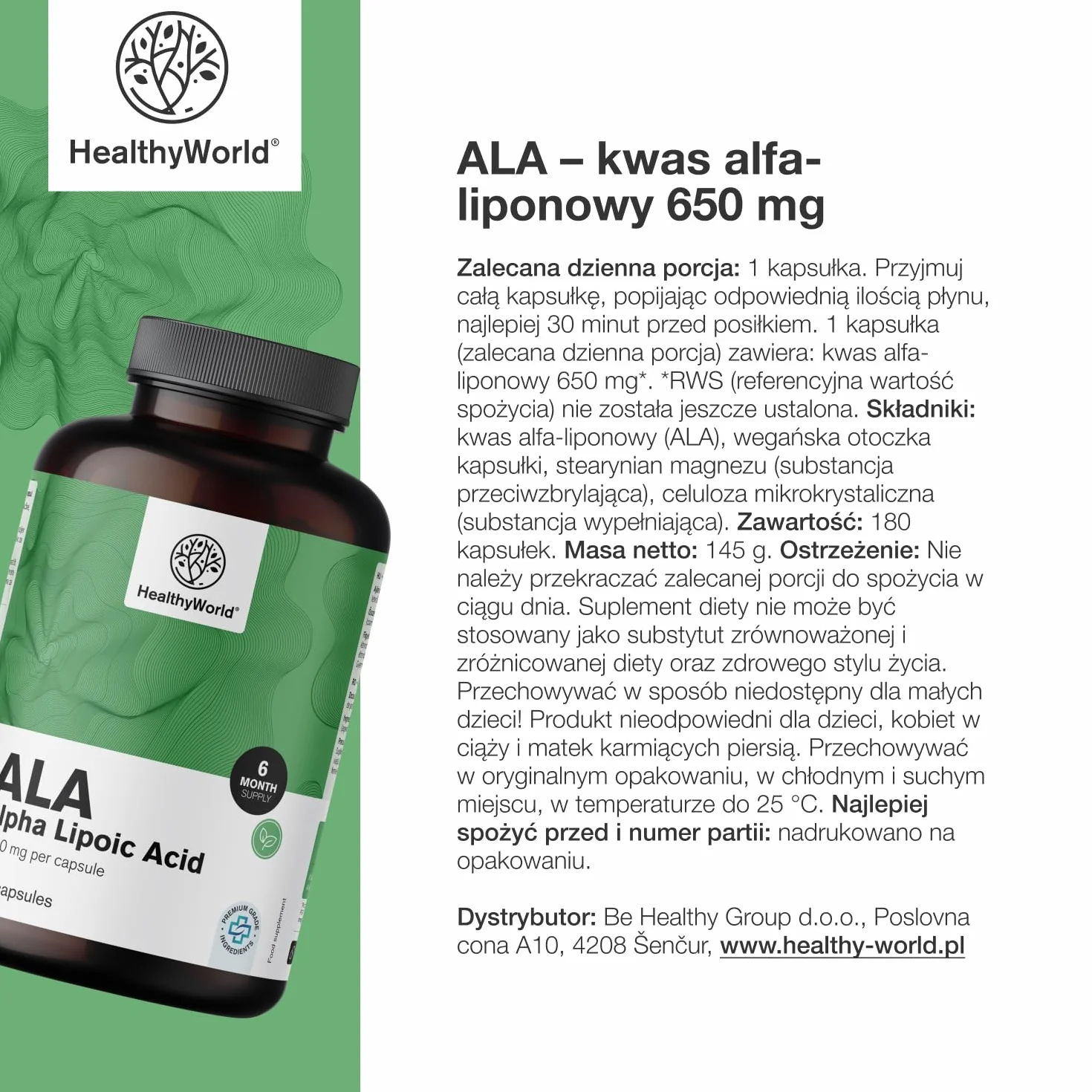 HealthyWorld ALA – Kwas Alfa-Liponowy – 650 mg w Dziennej Porcji – 180 Kapsułek Roślinnych – Zwiększenie Energii – 6-Miesięczny Zapas – Świetna Przyswajalność