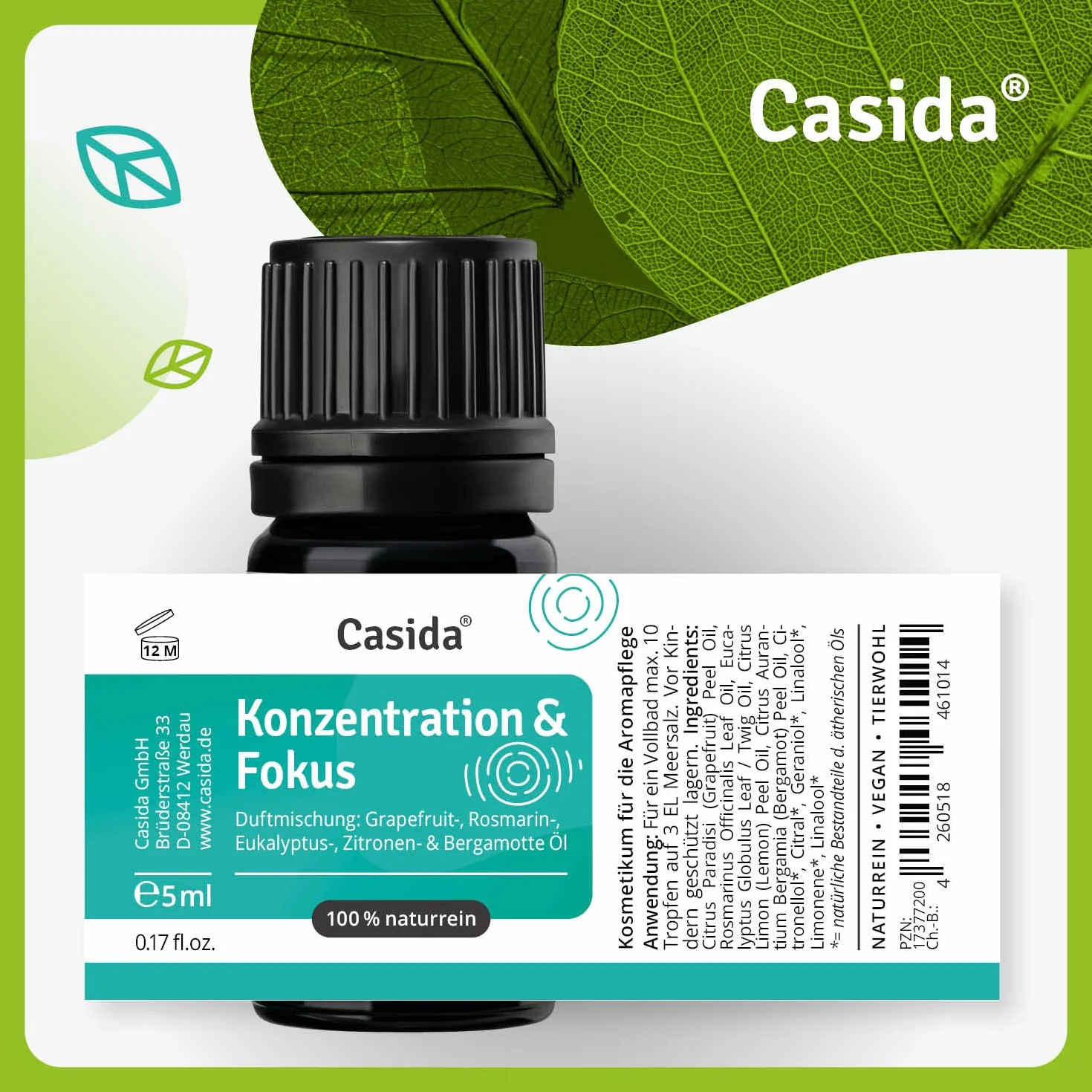 Casida® Mieszanka Koncentracji i Fokus - z olejków eterycznych naturalnych - grejpfrutowego, rozmarynowego, eukaliptusowego, cytrynowego i bergamotkowego - dla lepszej koncentracji - jakość apteczna - 5 ml