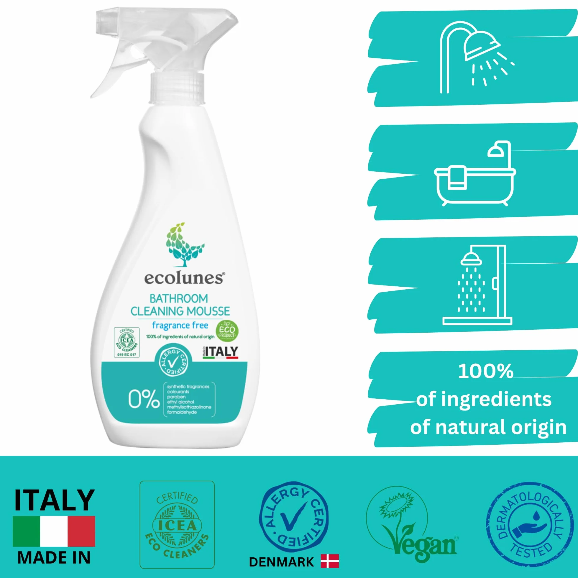 Ecolunes Bathroom Cleaning Mousse Fragrance Free, pianka do czyszczenia łazienki, bezzapachowa, w 100% ze składników pochodzenia naturalnego, nie powoduje alergii, 500 ml