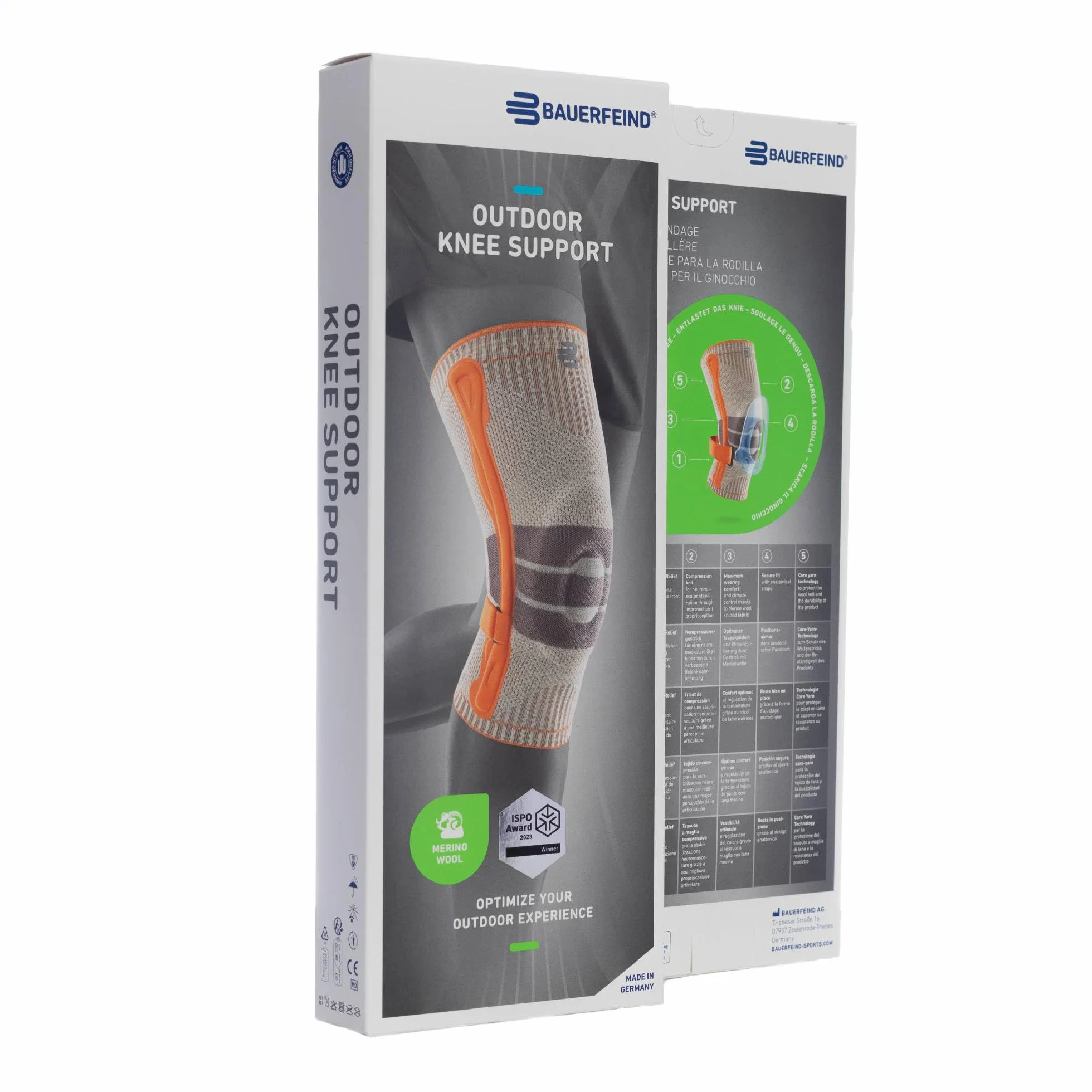 BAUERFEIND Bandaż na kolano do wędrówek "Outdoor Knee Support", 1 bandaż trekkingowy, uniseks, do noszenia z prawej i lewej strony, indywidualnie regulowany pasek, wełna z merynosów
