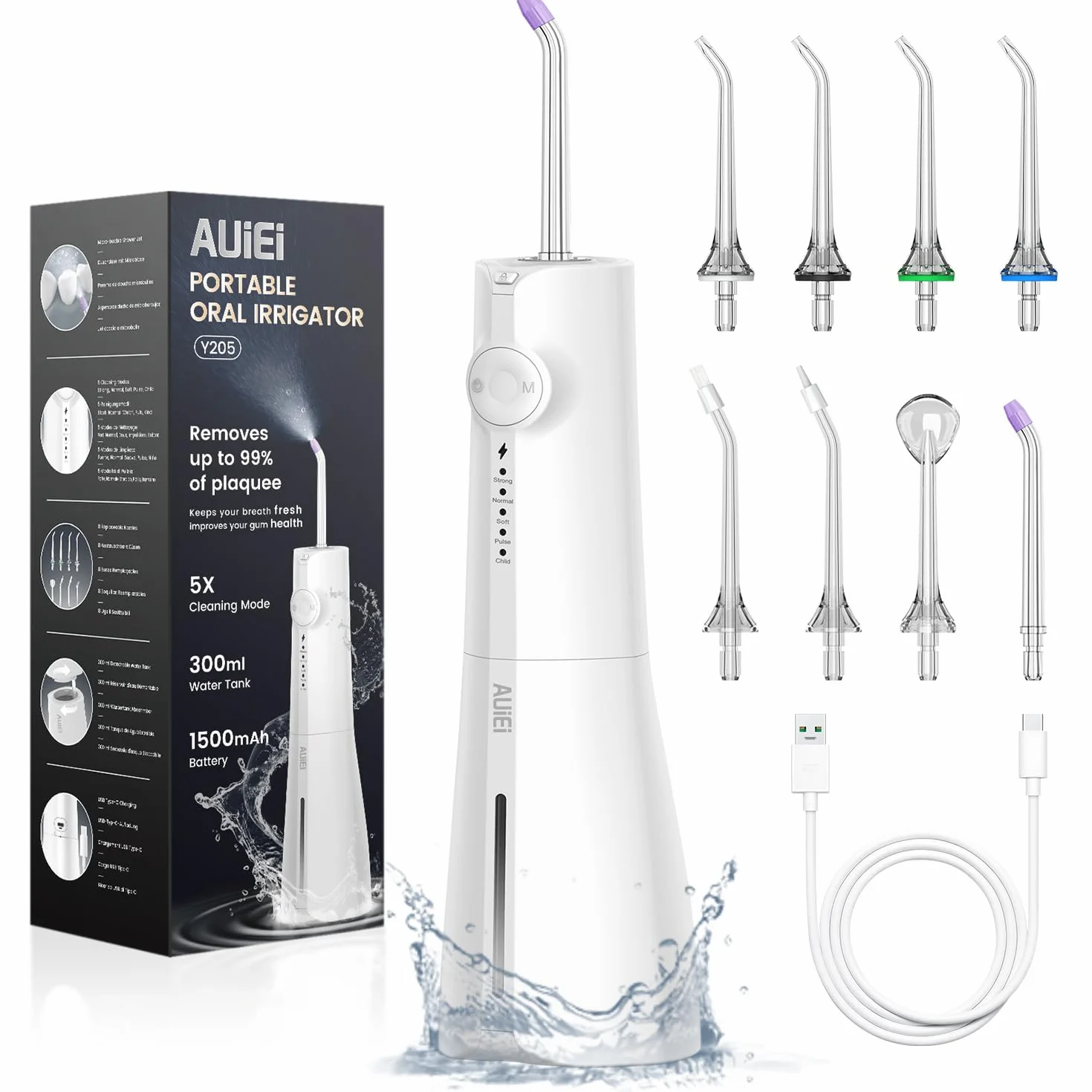AUIEI Przenośny irygator dentystyczny do wody 5 trybów 8 dysz 300 ml USB wodoodporny IPX7 biały