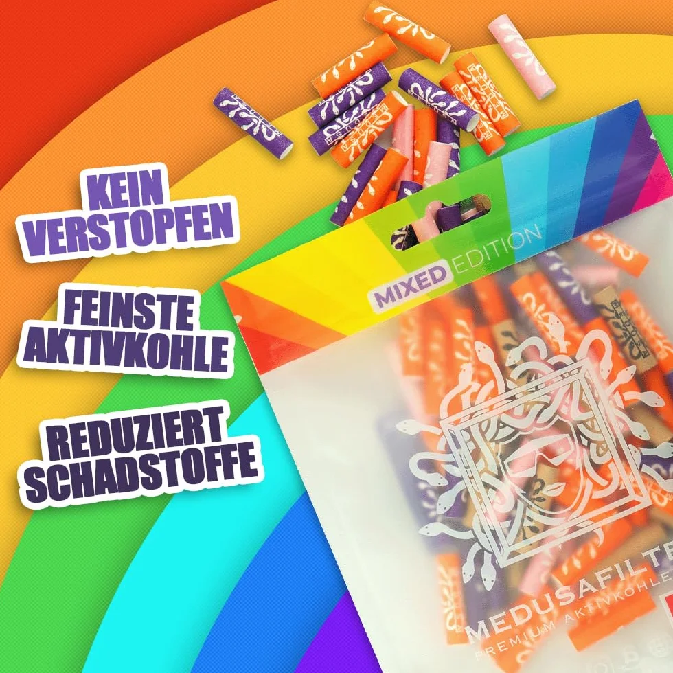 Medusafilters® 100 sztuk filtrów z węglem aktywnym o średnicy 6 mm z wegańskimi nasadkami z włókien i węglem aktywnym kokosowym | filtr o długości 25 mm Made in Germany (edycja mieszana)