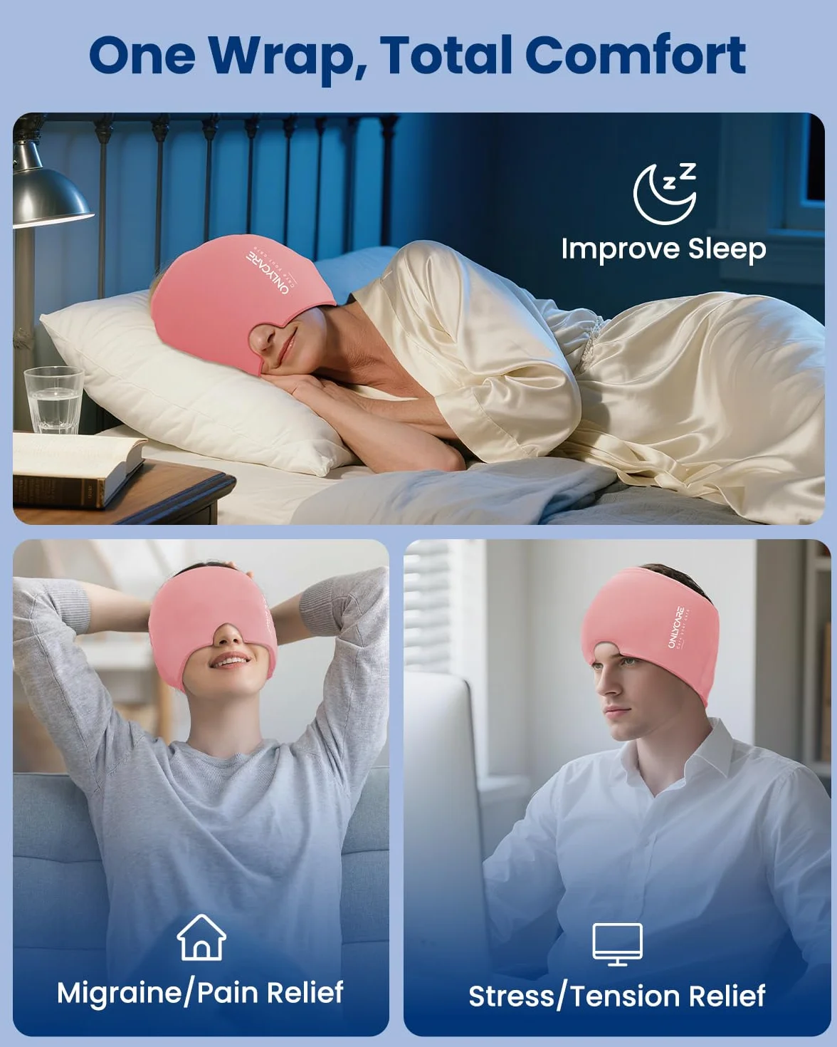 ONLYCARE Maska na migrenę, czapka chłodząca, czapka chłodząca, na bóle głowy, migreny, nakładka chłodząca, żel chłodzący, łagodzi migrenę (różowa)
