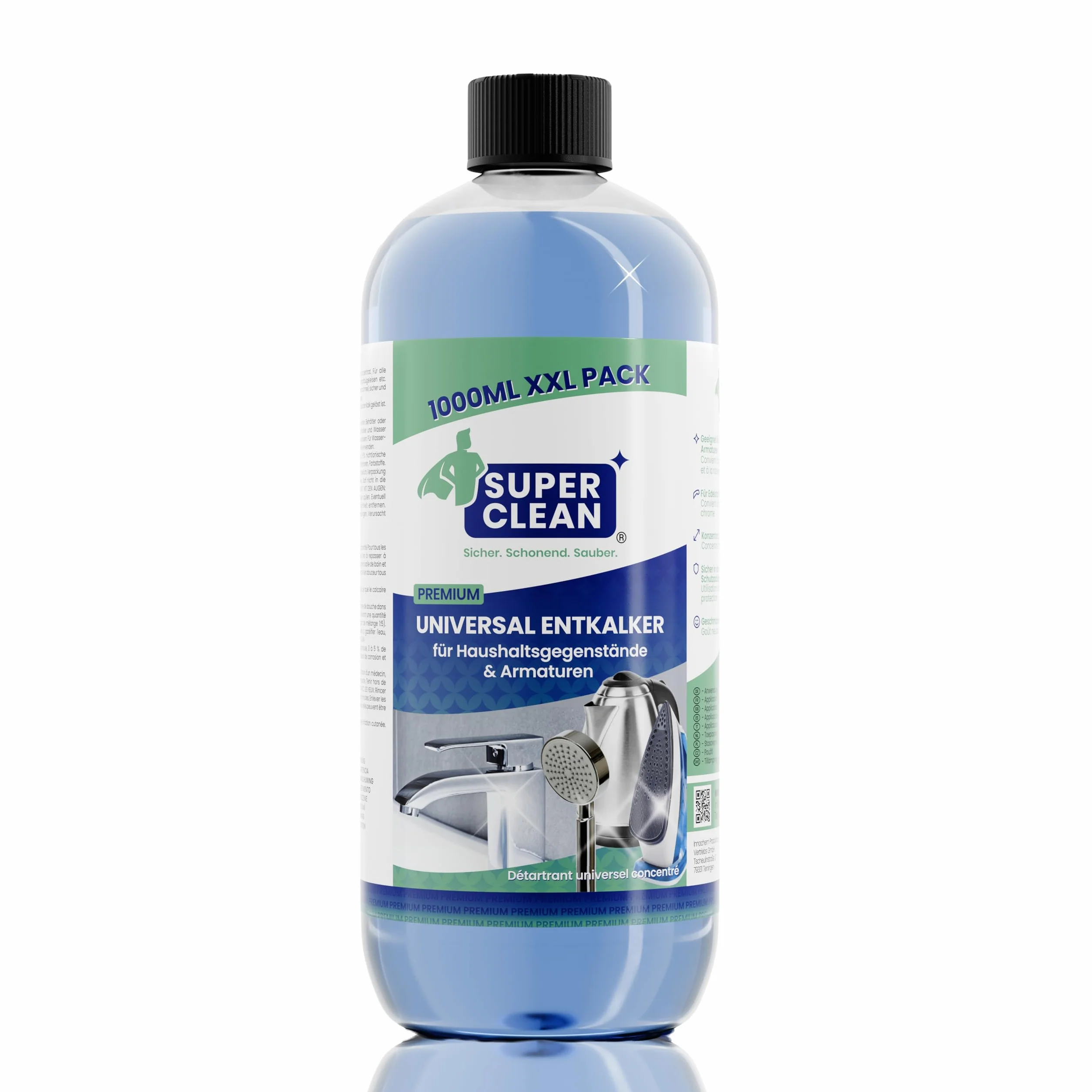SUPER CLEAN Uniwersalny Odkamieniacz płynny | Silny i skoncentrowany | 1 L | Do armatury, czajnika, ekspresu do kawy, prysznica i słuchawki prysznicowej | Biodegradowalny