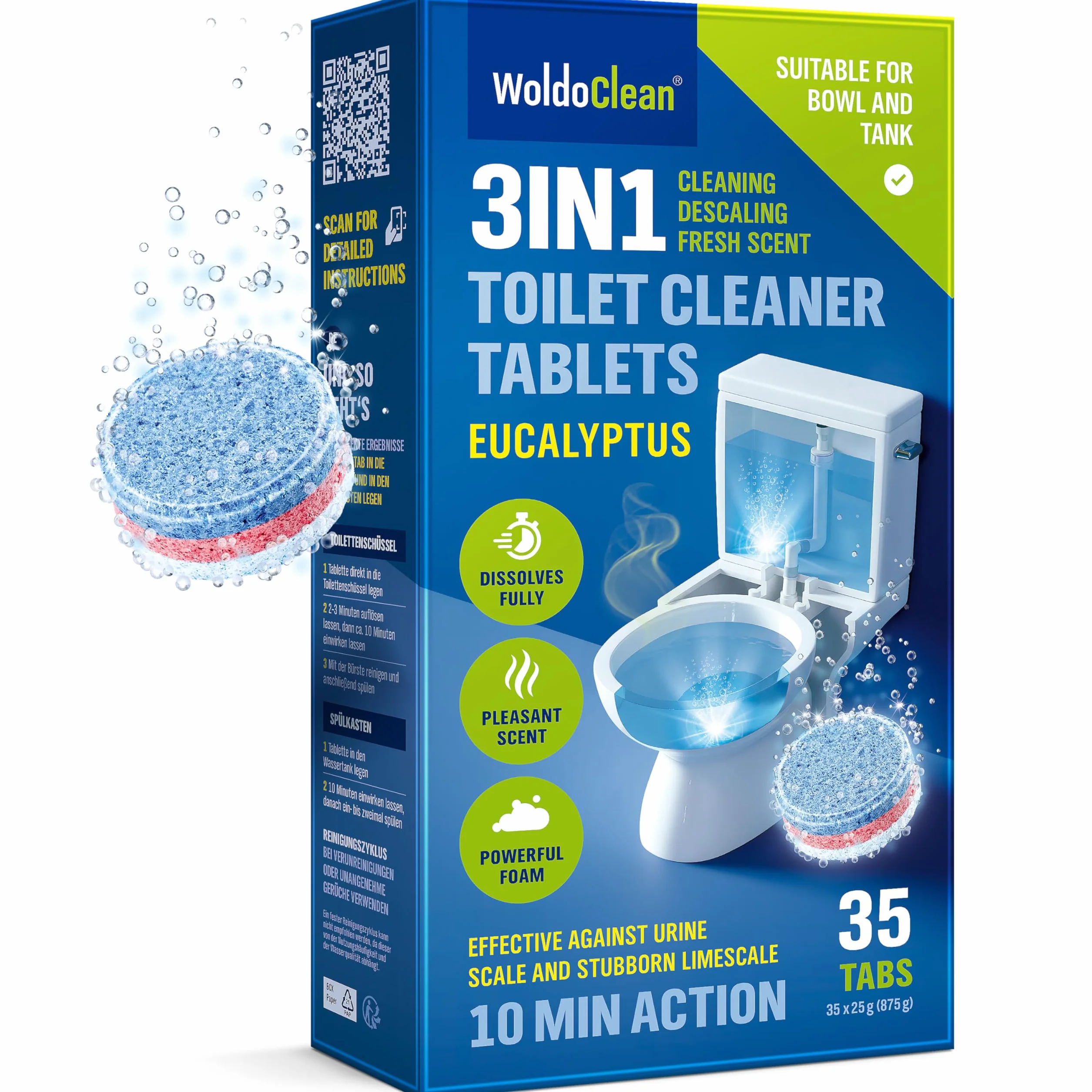 WoldoClean 3w1 Tabletki do WC Eukaliptus 35 x 25 g – Tabletki czyszczące do toalety przeciw kamieniowi i osadom z moczu do sanitariatów, pisuarów i odpływów