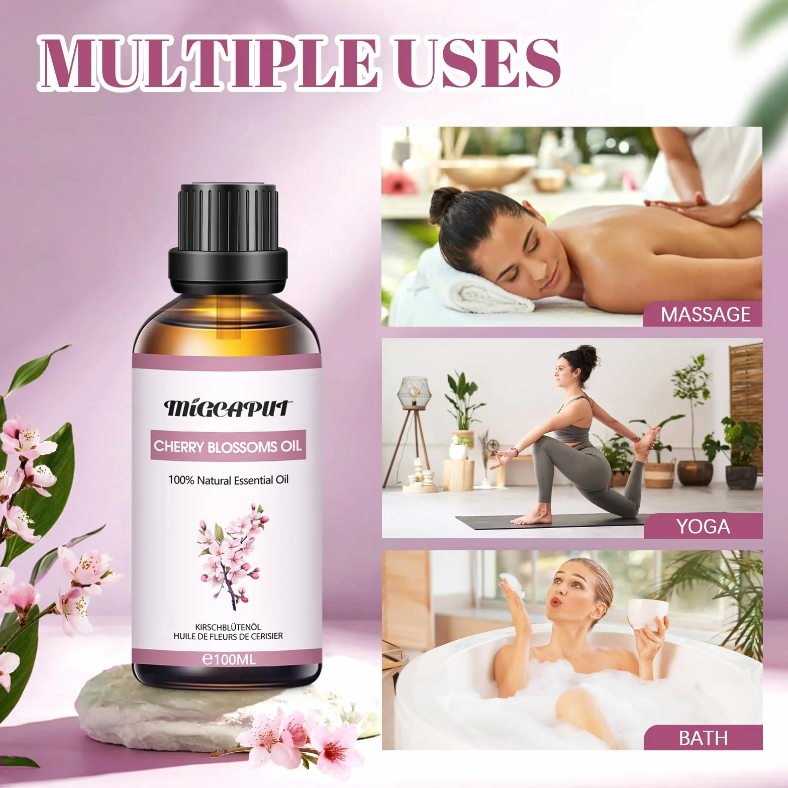 MIGCAPUT Olejek Eteryczny z Kwiatu Wiśni 100ML, Olejki do Aromaterapii Premium, 100% Naturalny Olejki Aromaterapeutyczny do Dyfuzora, SPA, Masażu, Snu, Mydła, Ręcznie Robione Świece