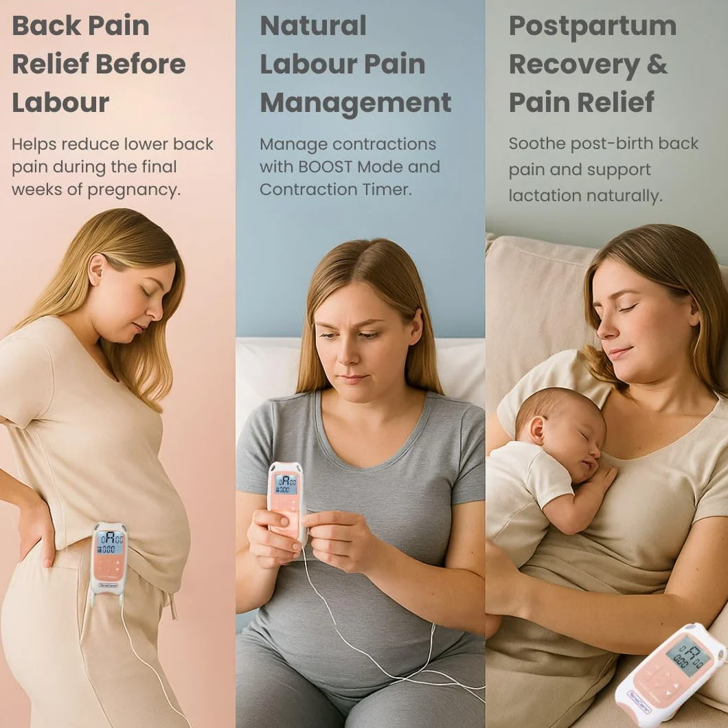 Perfect Mama+ TENS urządzenie do łagodzenia bólu podczas porodu, łagodzenia bólu pleców podczas ciąży. Daj informacje na temat czasu skurczu i czasu trwania porodu.