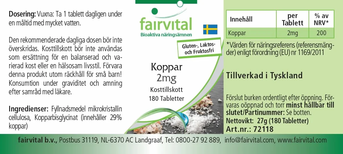 Fairvital | Miedź 2mg – 180 tabletek – bisglicynian miedzi – sprawdzona jakość i wysoka dawka – 100% wegański – wyprodukowany w Niemczech