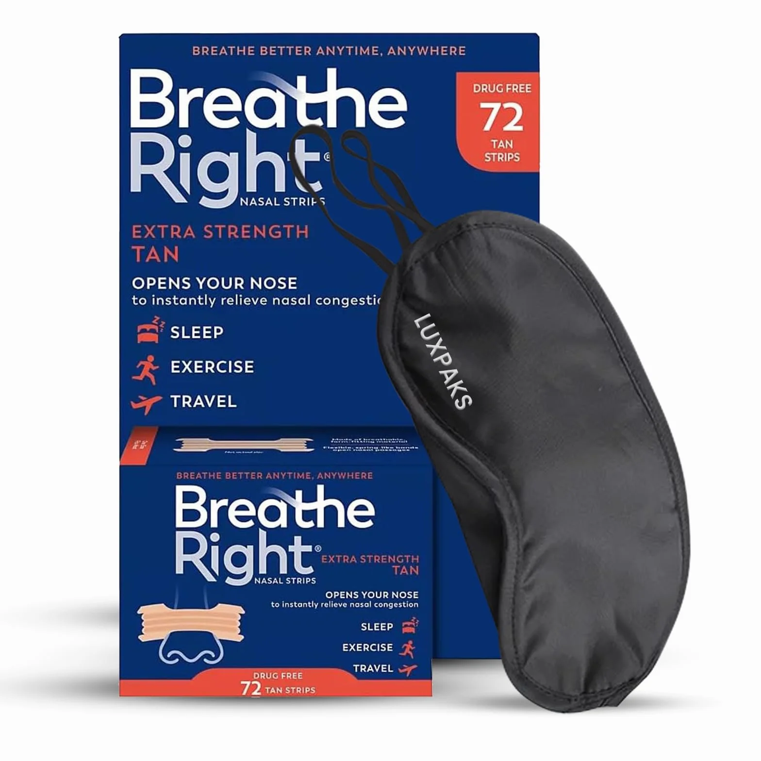 Breathe Right Nasal Strips Extra Strength Tan 72 Pcs for Deviated Septum Relief Snoring Reduction with LUXPAKS Sleeping Mask