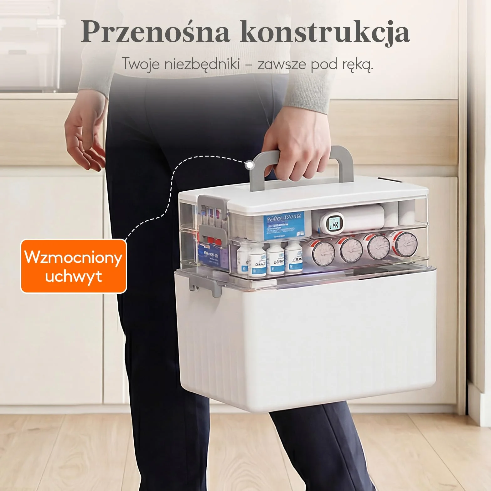 Lifewit Przenośna Apteczka, Pojemnik na Leki z Uchwytem na Butelki o Wysokości do 18 cm, Organizer na Leki do Domu, Biura, Szkoły, 3 Poziomy