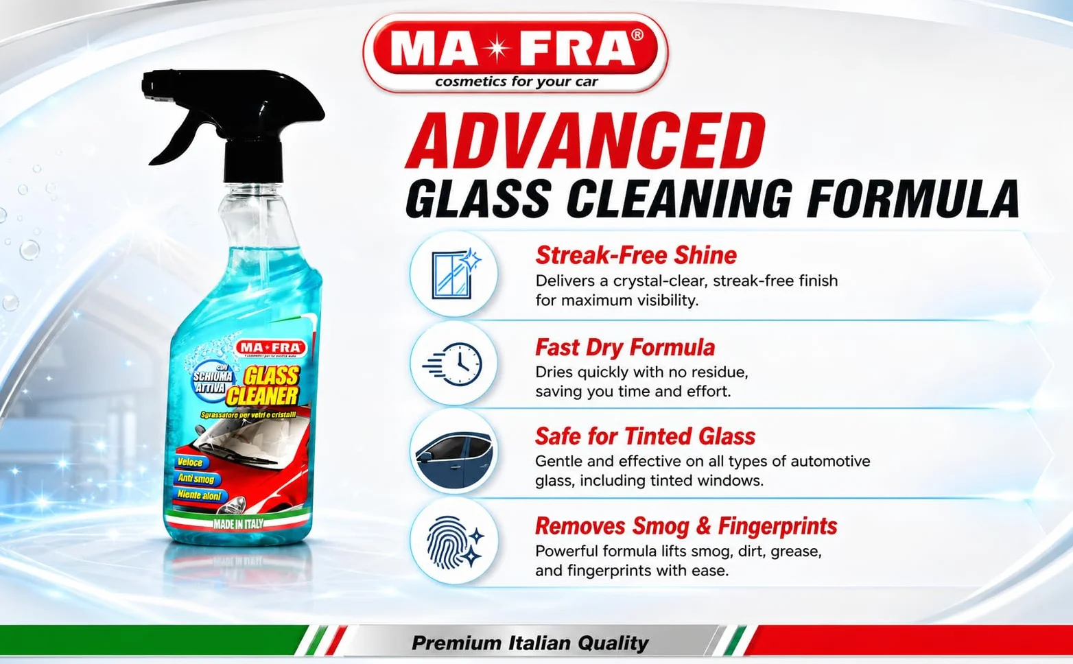 MA-FRA Glass Cleaner Trigger 500 ml — Profesjonalny środek do czyszczenia szyb samochodowych, szybkie czyszczenie bez aureoli, maksymalna przezroczystość kryształów, szyb przednich i lusterek