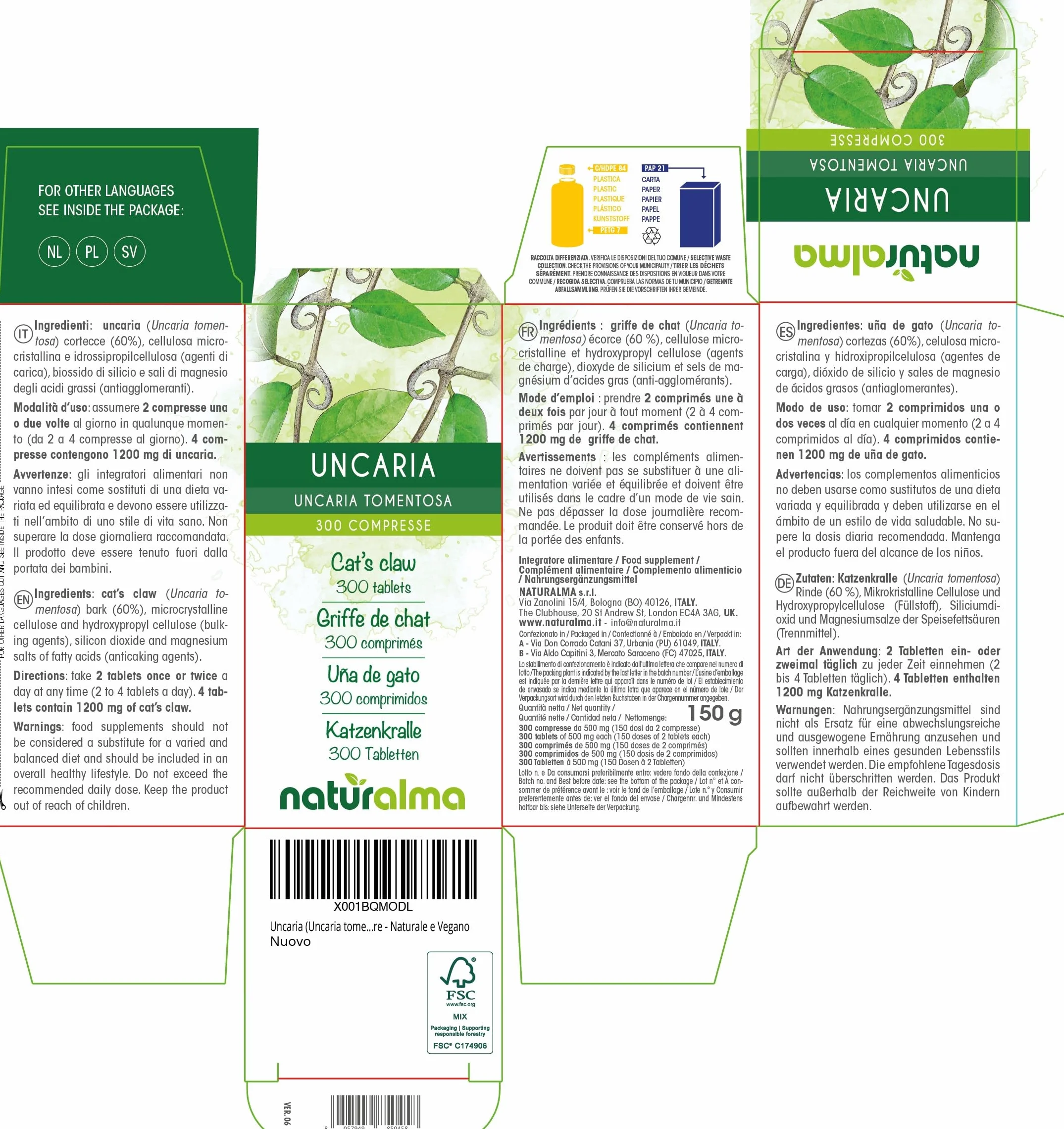 Koci pazur lub Vilcacora (Uncaria tomentosa) kora Naturalma - 150 g - 300 tabletek - Suplement diety - Naturalne i Wegańskie