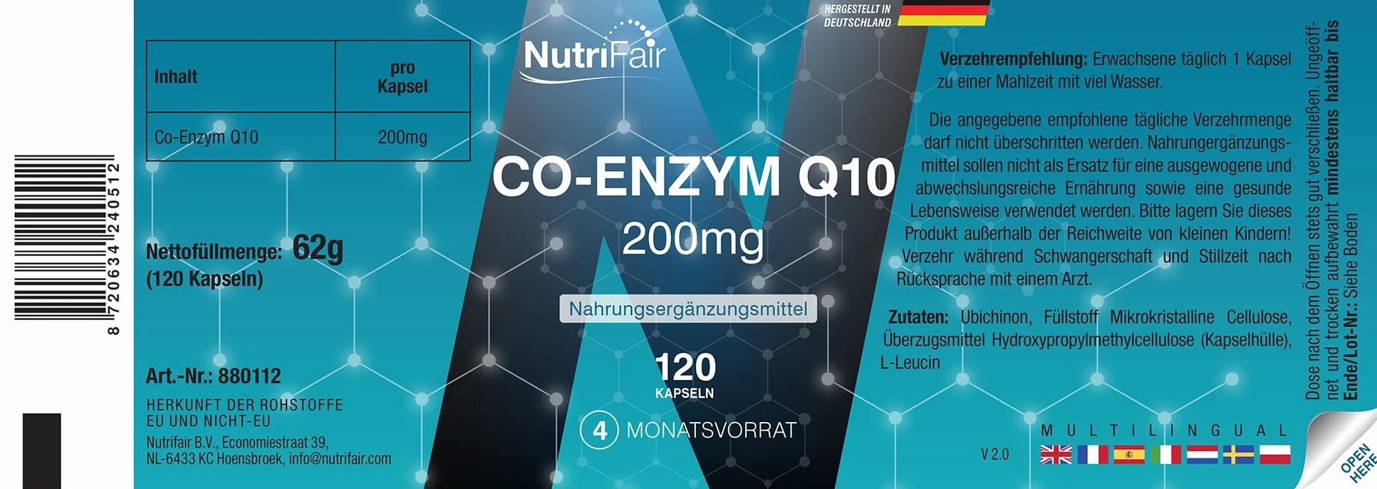 Koenzym Q10 200mg – 120 kapsułek – 200mg na kapsułkę – ubichinon – wysokie stężenie – w 100% wegański – produkcja niemiecka i badania laboratoryjne – NutriFair | Premium & Fair