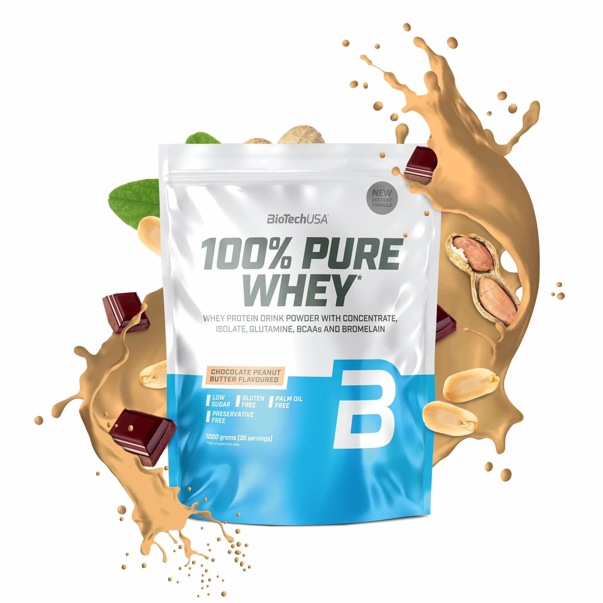BioTechUSA 100% Pure Whey | Białko w proszku z BCAA i glutaminą | Bezglutenowe, bez oleju palmowego | 21g białka w porcji, 1 kg, Czekoladowe Masło Orzechowe