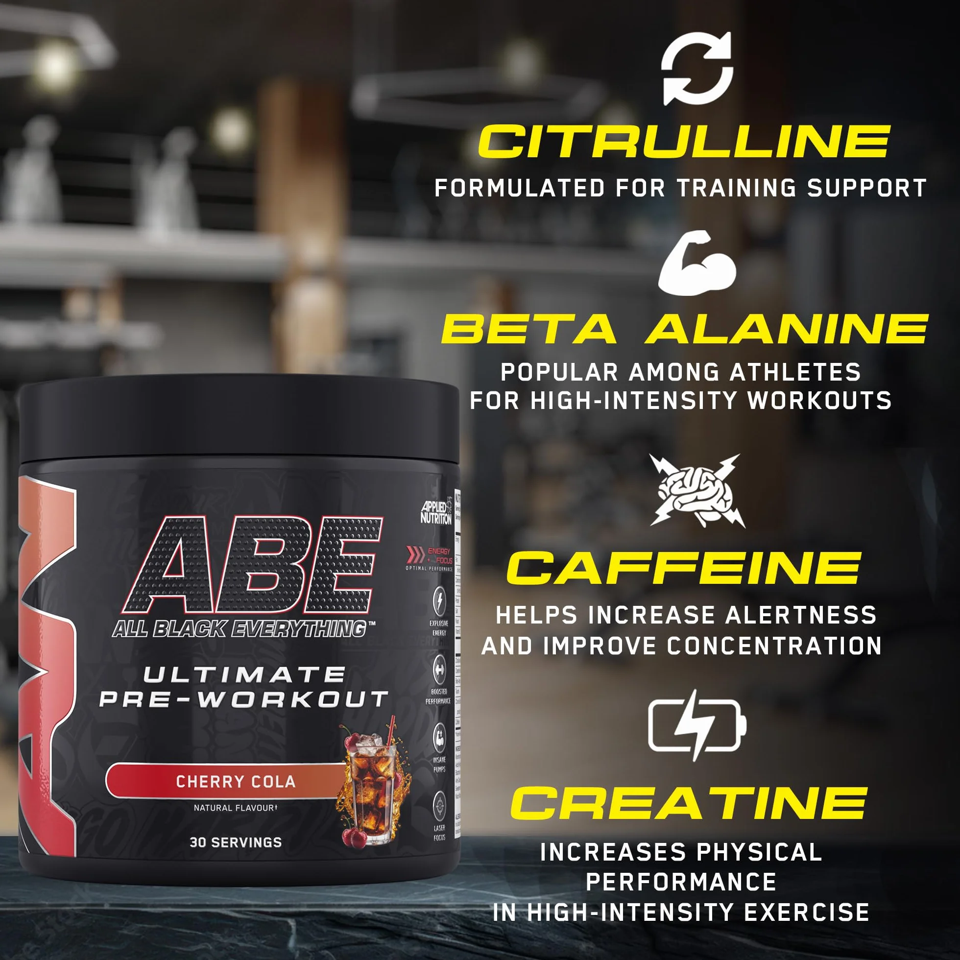 Applied Nutrition ABE Pre Workout - All Black Everything Pre Workout Powder, Energia i Wydolność Fizyczna z Cytruliną, Kreatyną, Beta-Alaniną (Energy Flavour, 375g - 30 porcji)