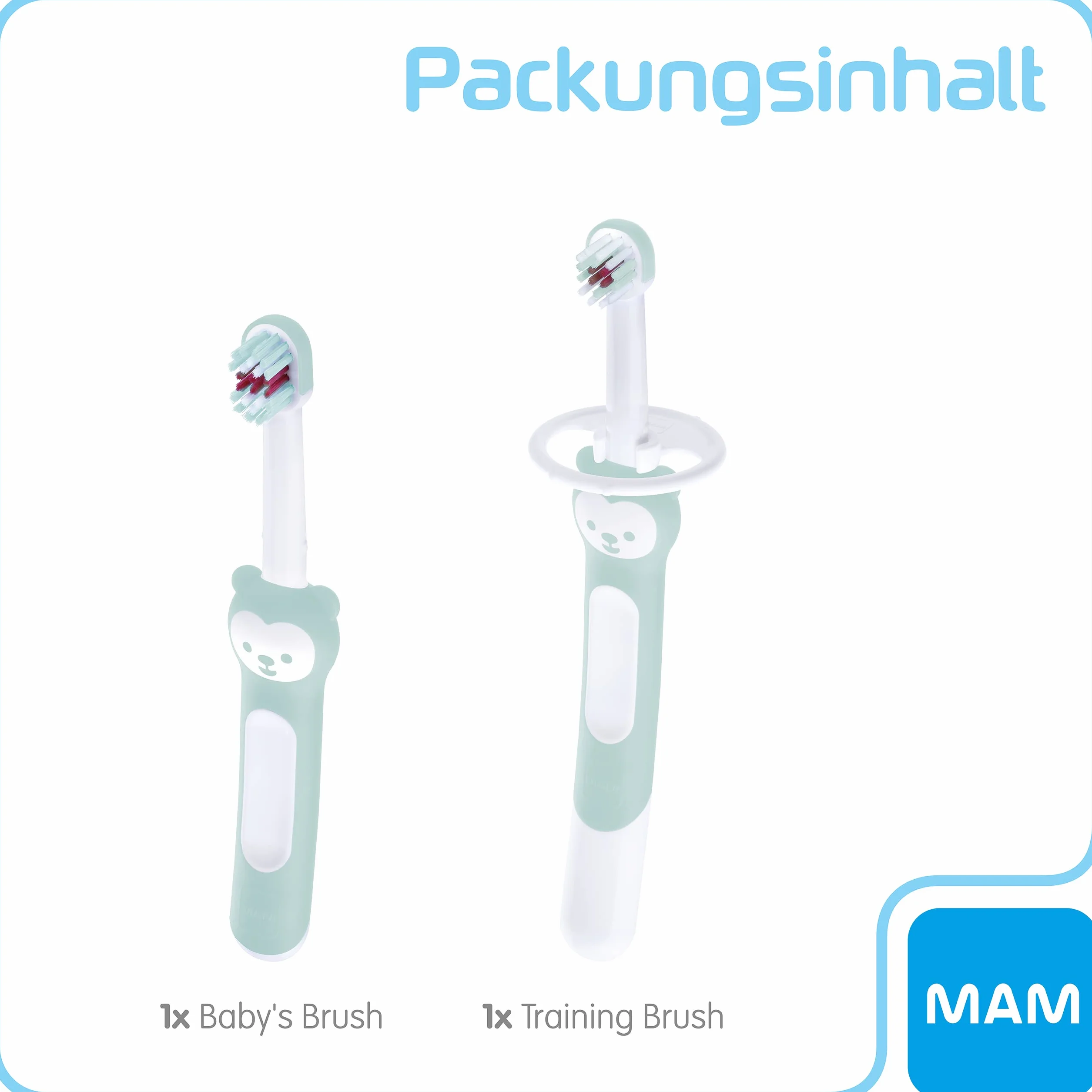 MAM Learn to Brush Set, szczoteczka do zębów dla niemowląt z długim uchwytem do wspólnego trzymania, szczoteczka do zębów dla dzieci trenuje mycie zębów, od 5+ miesięcy, turkusowa, 1 sztuka (1