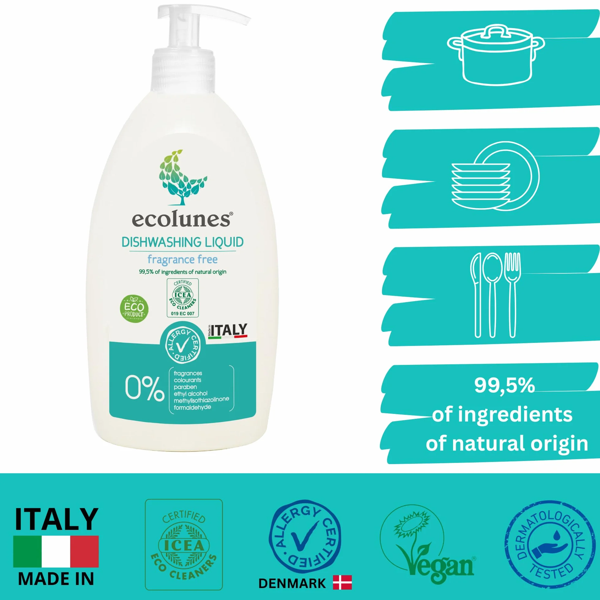 Ecolunes Dishwashing Liquid Fragrance Free hipoalergiczny, bezzapachowy płyn do mycia naczyń, w 99,5% z naturalnych składników, stworzony specjalnie dla osób o wrażliwej skórze, 500ml