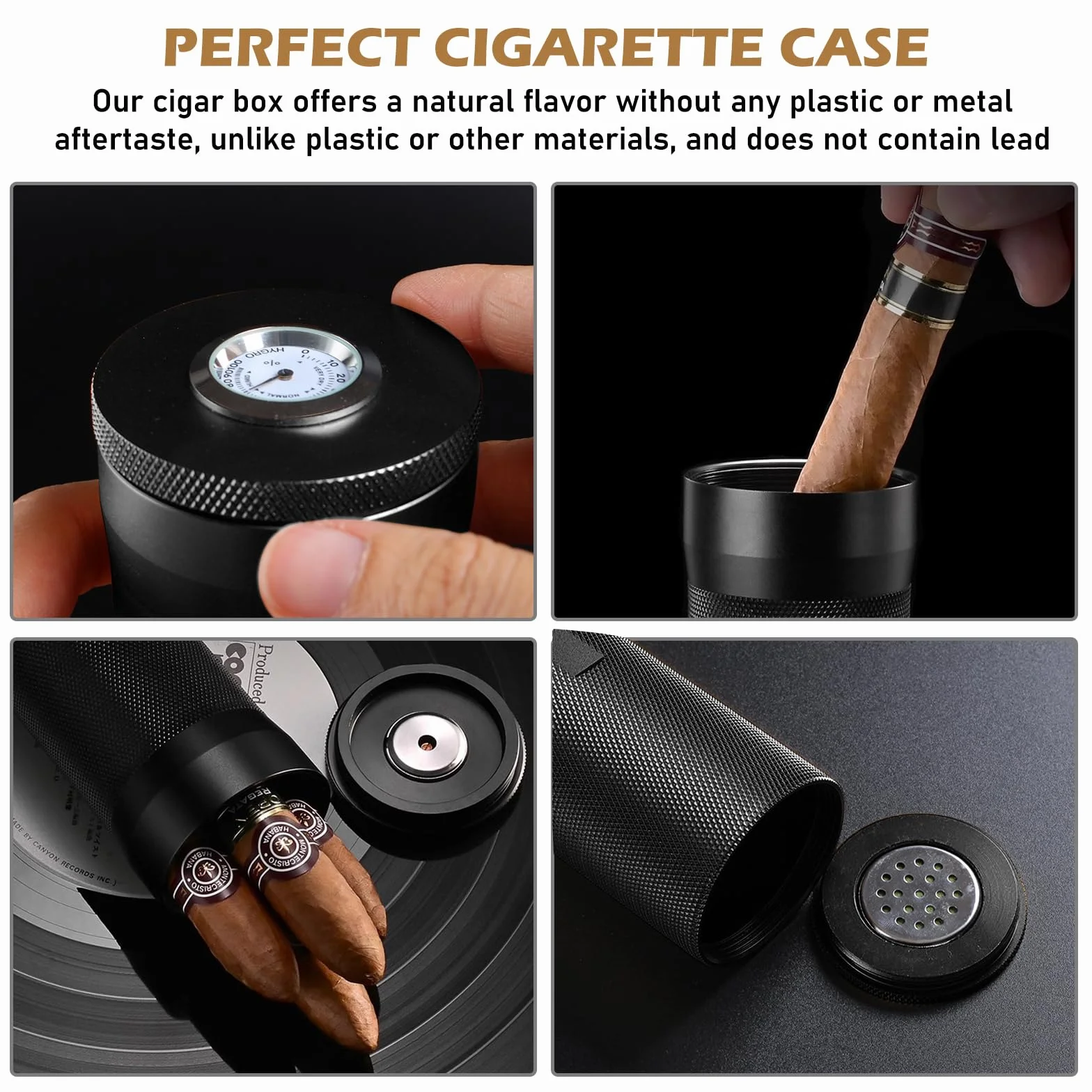 Przenośny humidor do cygar, etui na cygara z higrometrem, podróżne, na cygara, na 3 do 4 cygar, humidor ze stali nierdzewnej, prezent dla miłośników cygar (czarny)