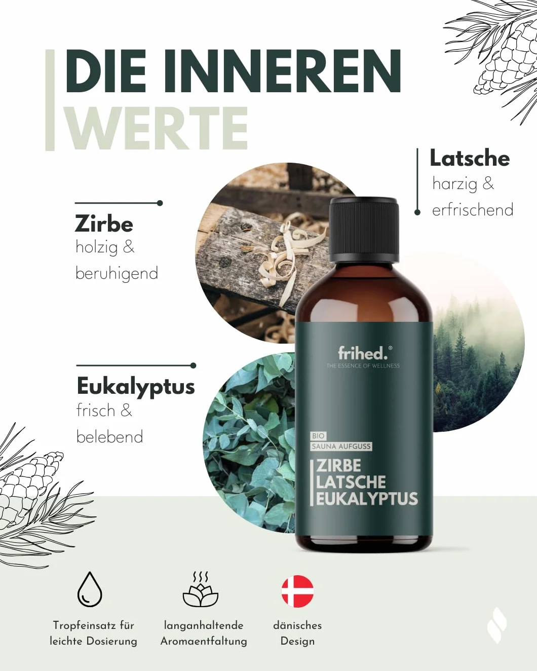 frihed.® Napar do sauny bio z aplikacją do medytacji, środek do zaparzania wszystkich rodzajów sauny, długotrwały zapach sauny, bardzo wysokiej jakości olej, pomysł na prezent (limba, kosmyka i
