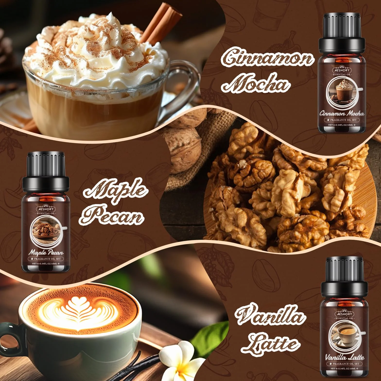 Aeshory Zestaw Olejków Eterycznych Do Kawy, 6 x 10 ml Olejków Do Dyfuzora Zapachowego, Olejki Zapachowe Do Wyrobu Świec – Świeżo Parzona Kawa, Waniliowe Latte, Karmelowe Macchiato, Cynamonowe Moch
