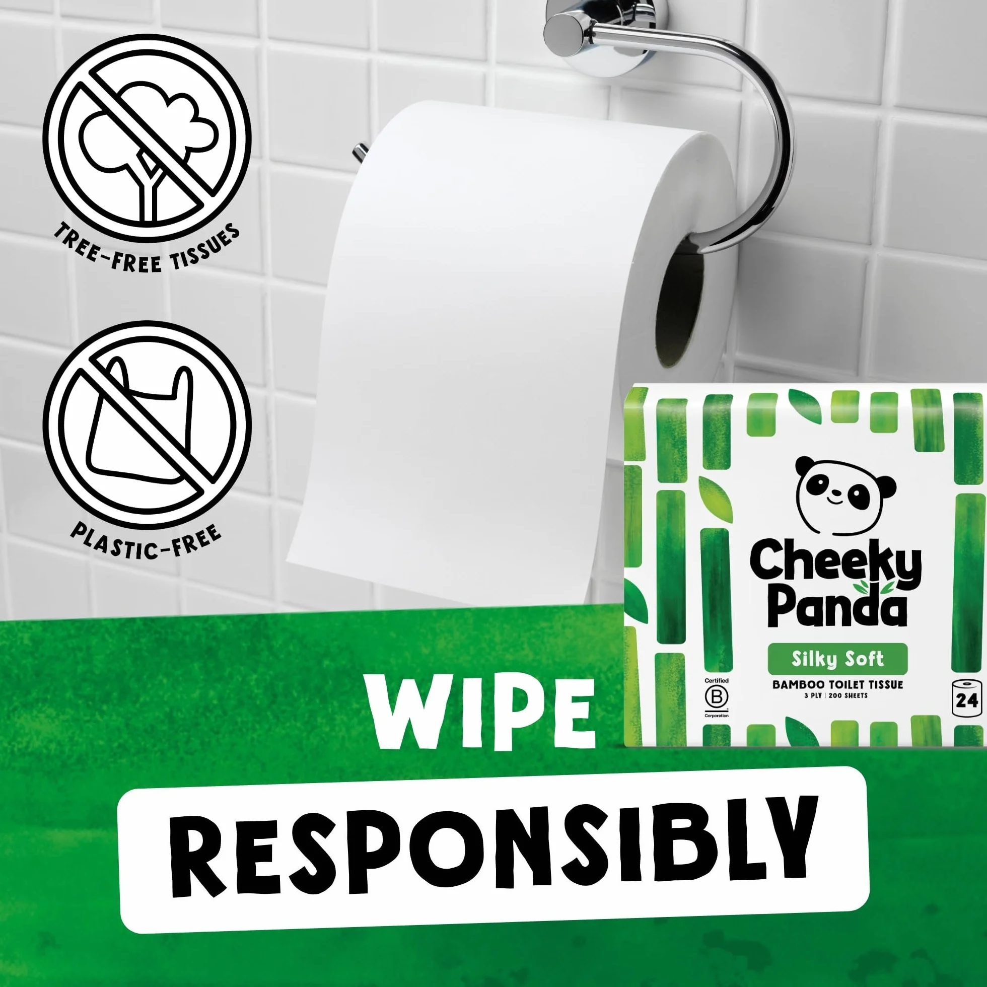 Cheeky Panda Bambusowe rolki toaletowe – 24 rolki 3-warstwowego papieru toaletowego | opakowanie bez plastiku | zrównoważony papier bibułowy | biały