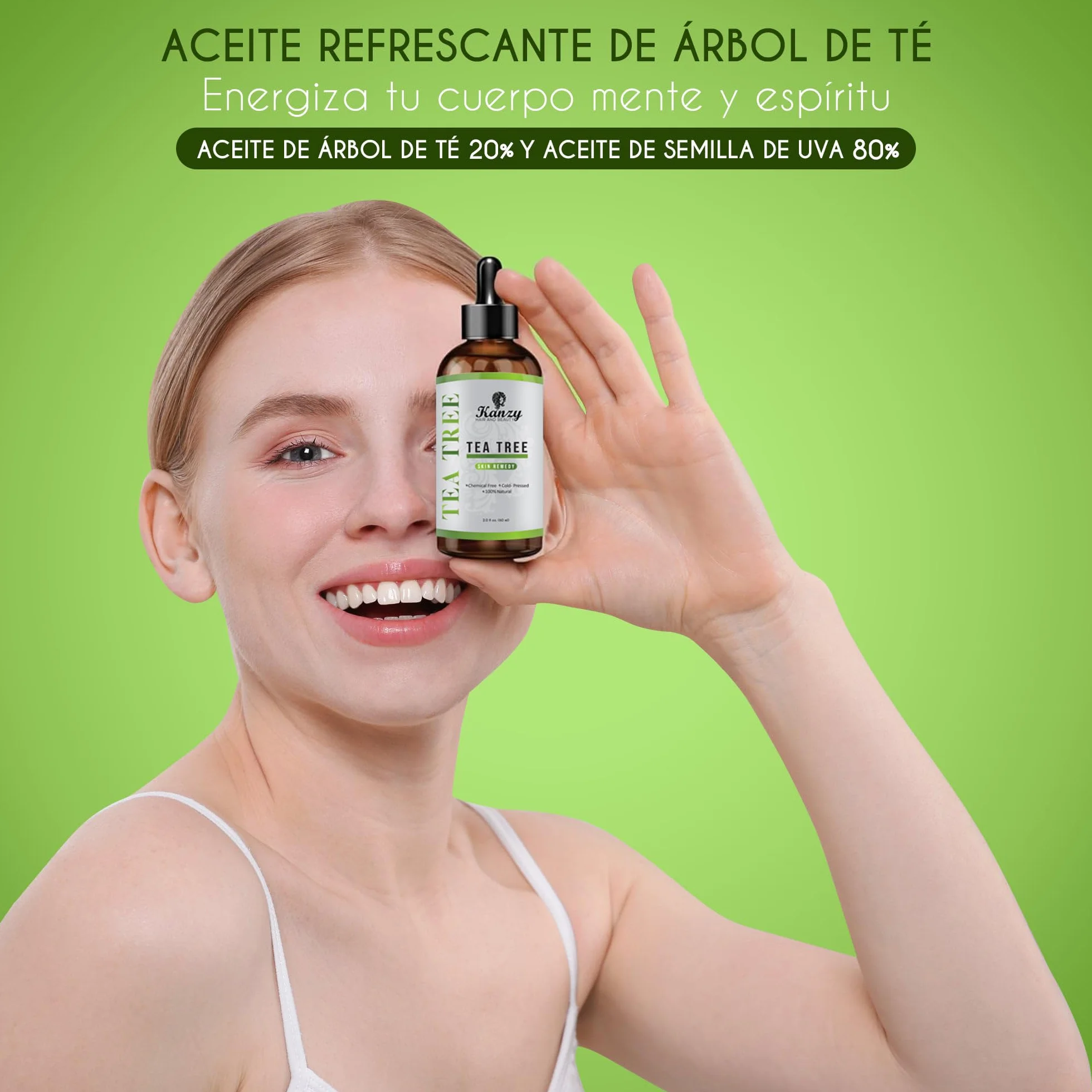 Kanzy Olejek Drzewa Herbacianego 60ml 100% dla Skóry Tea Tree Oil Zabieg na Twarz, Włosy, i Paznokcie Naturalny Wegański