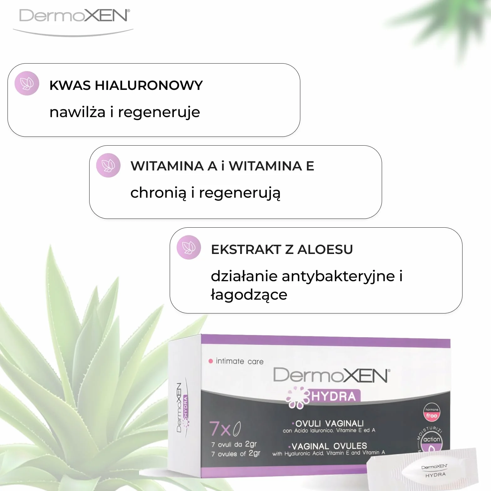 DermoXEN Hydra Globulki dopochwowe z kwasem hialuronowym i aloesem | Nawilżenie pochwy | Naturalna pielęgnacja intymna | Bez hormonów | Suchość pochwy | 7 globulek