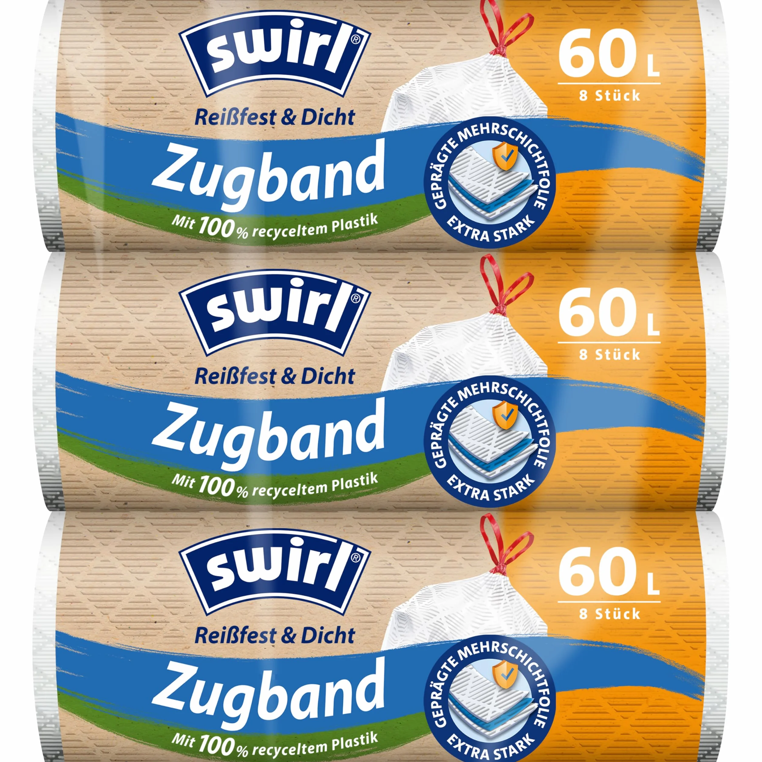 Swirl Odporne na rozdarcia i szczelne worki na śmieci ze sznurkiem ściągającym, 60 l, 3 sztuki w opakowaniu zbiorczym z 24 workami, bardzo mocne, odporne na kapienie