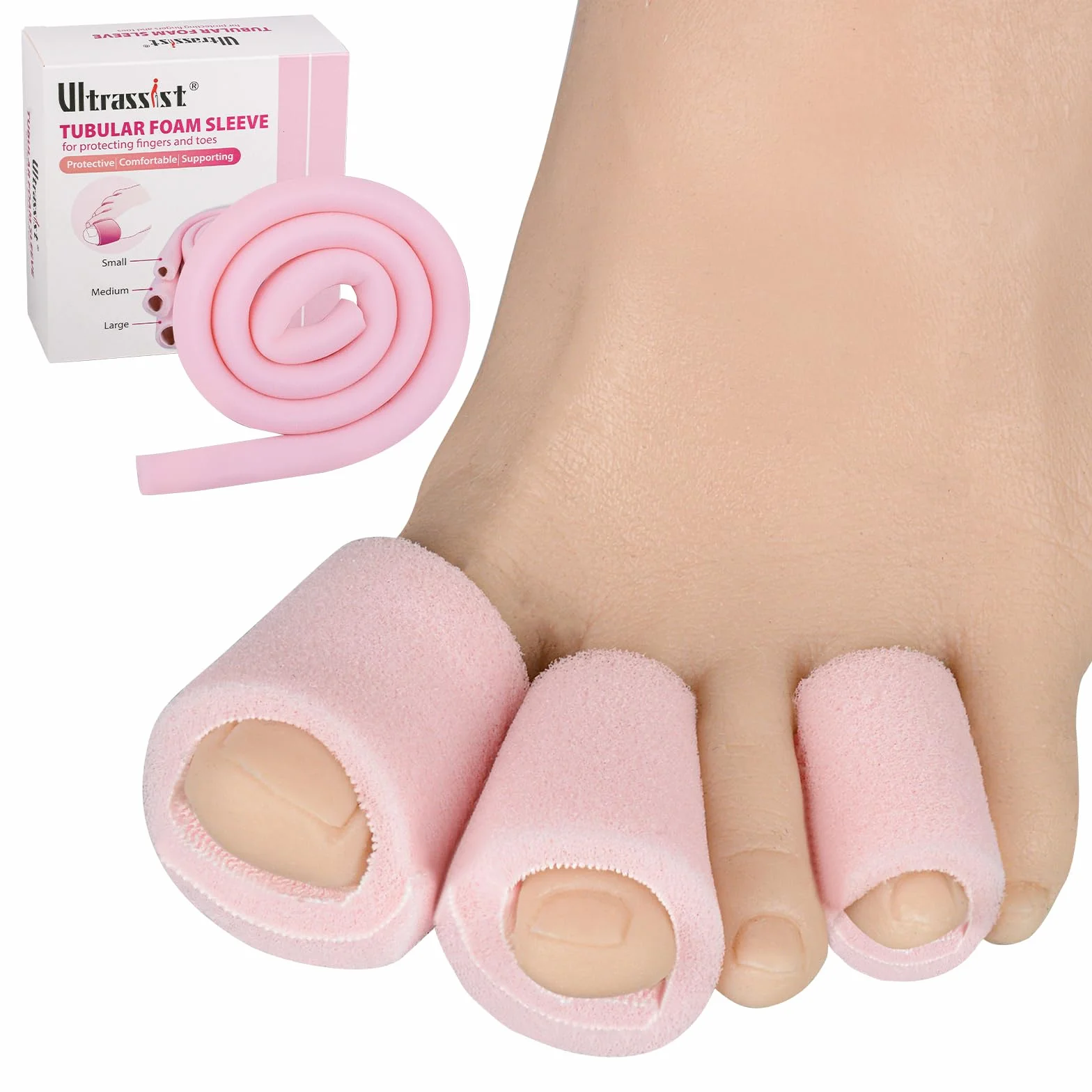 Ultrassist Rękaw na palce z zakładką, mały rozmiar 5/20.3 cm, średnica wewnętrzna 91 cm, ochraniacze palców z gąbki do pęcherzy, haluksów, odcisków