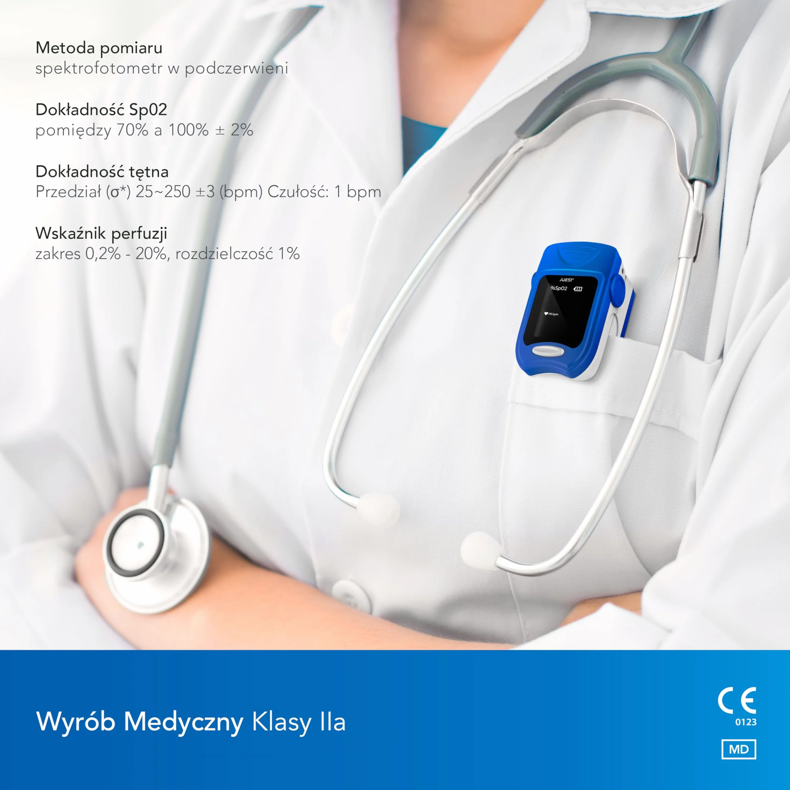 AIESI® Profesjonalny pulsoksymetr napalcowy z certyfikatem Pulsoksymetr z wyświetlaczem LED o wysokiej jasności A1, baterie, etui, instrukcja w języku włoskim, 24-miesięczna gwarancja włoska