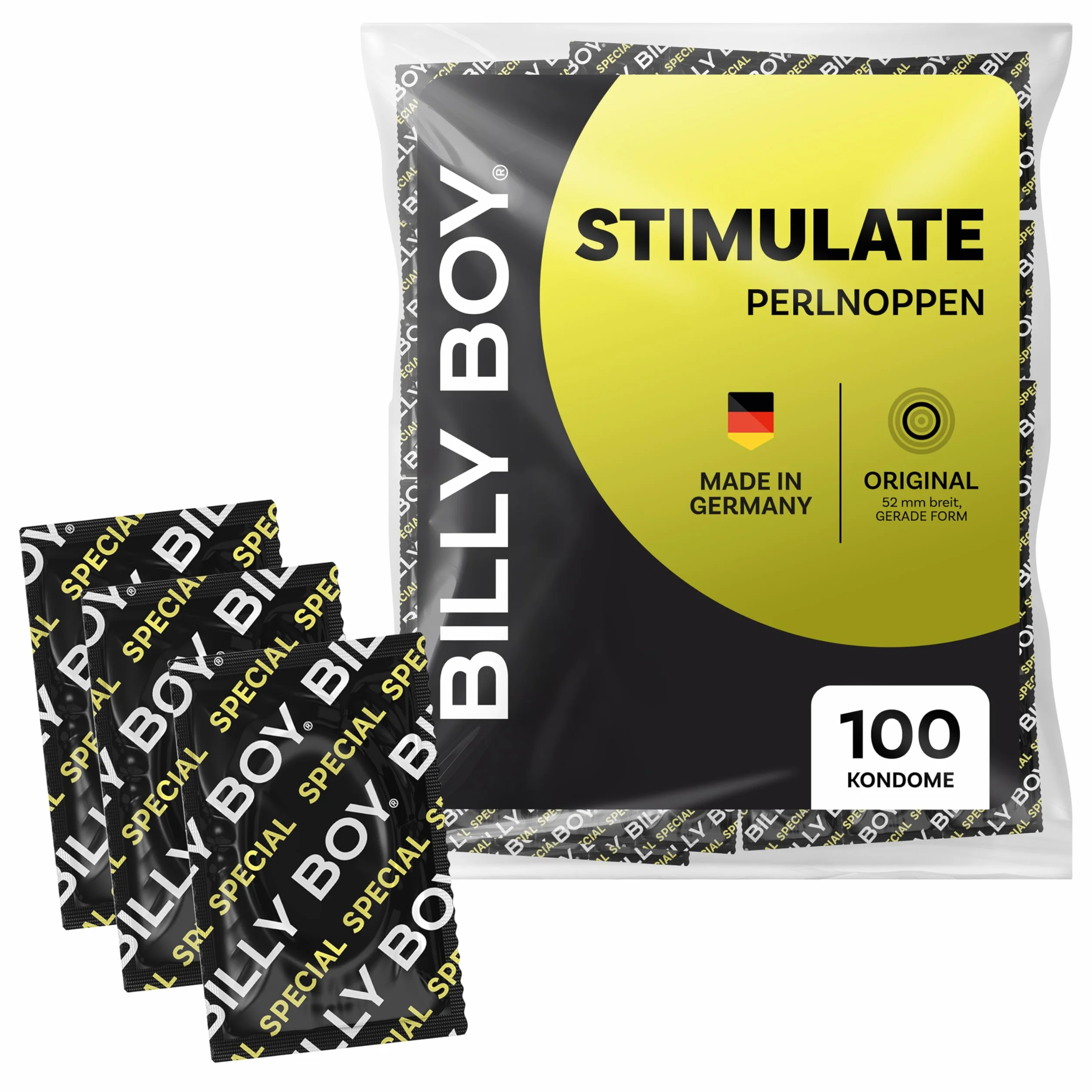 BILLY BOY Prezerwatywy w zestawie Stimulate od 100 sztuk | 52 mm | z delikatnymi wypustkami w oryginalnym kształcie | (1 × 100 sztuk)