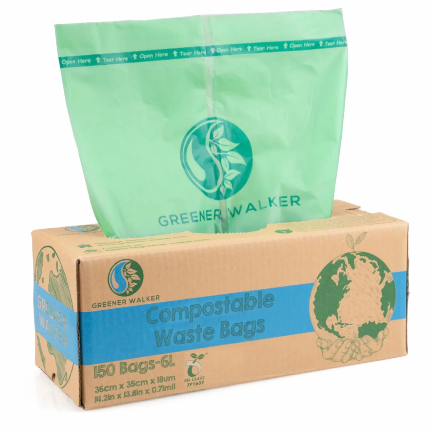 Greener Walker 6L-150 worków w 100% kompostowalne biodegradowalne wkładki do pojemników 6 l/10 l/30 l worki na odpady spożywcze z certyfikatem EN13432 pojemniki na pojemniki kuchenne