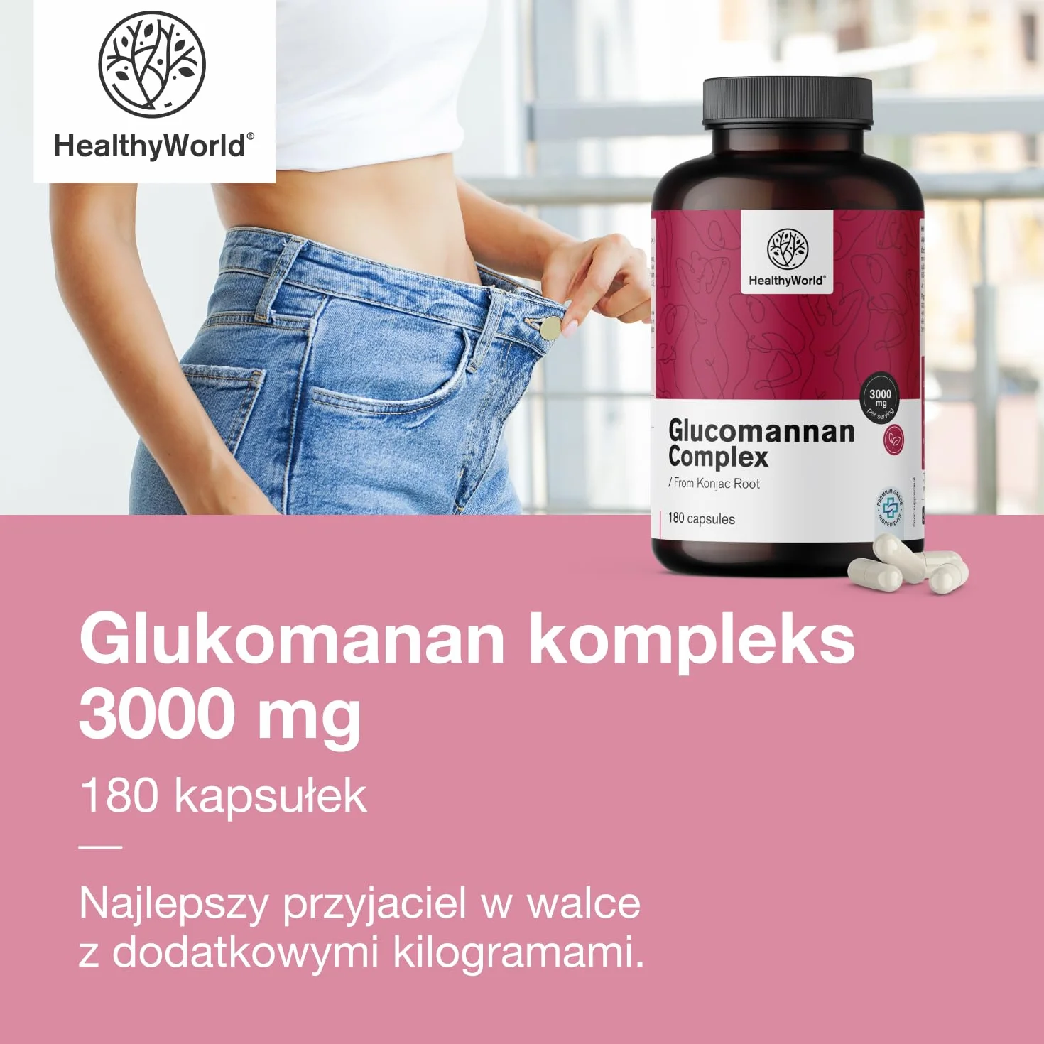 HealthyWorld Glukomanan kompleks 3000 mg 180 kapsułek Z Korzenia Konjac
