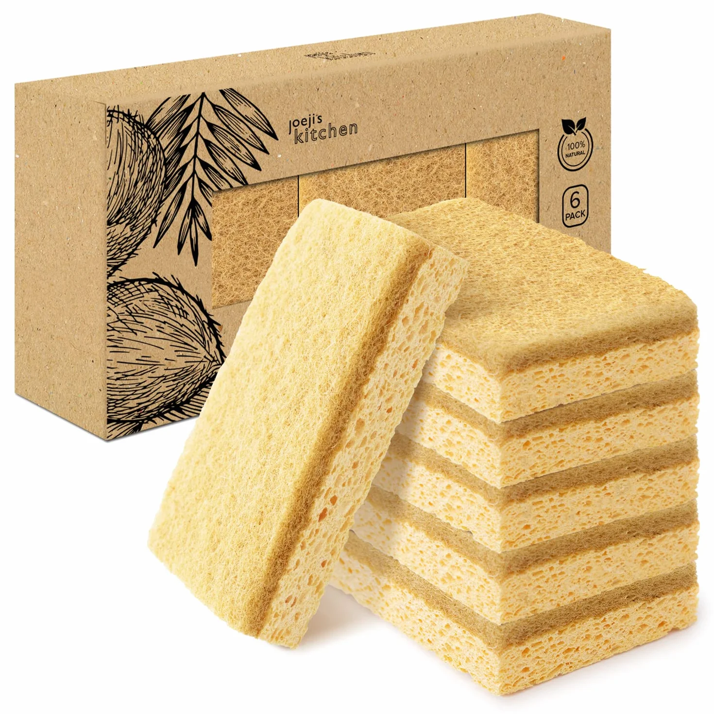 Joeji's Kitchen Gąbka do mycia naczyń do głębokiego czyszczenia kuchni lub łazienki, Zestaw 6 zmywalnych gąbek wielokrotnego użytku - Naturalna gąbka celulozowa Ekologiczne włókna i biodegradowalne