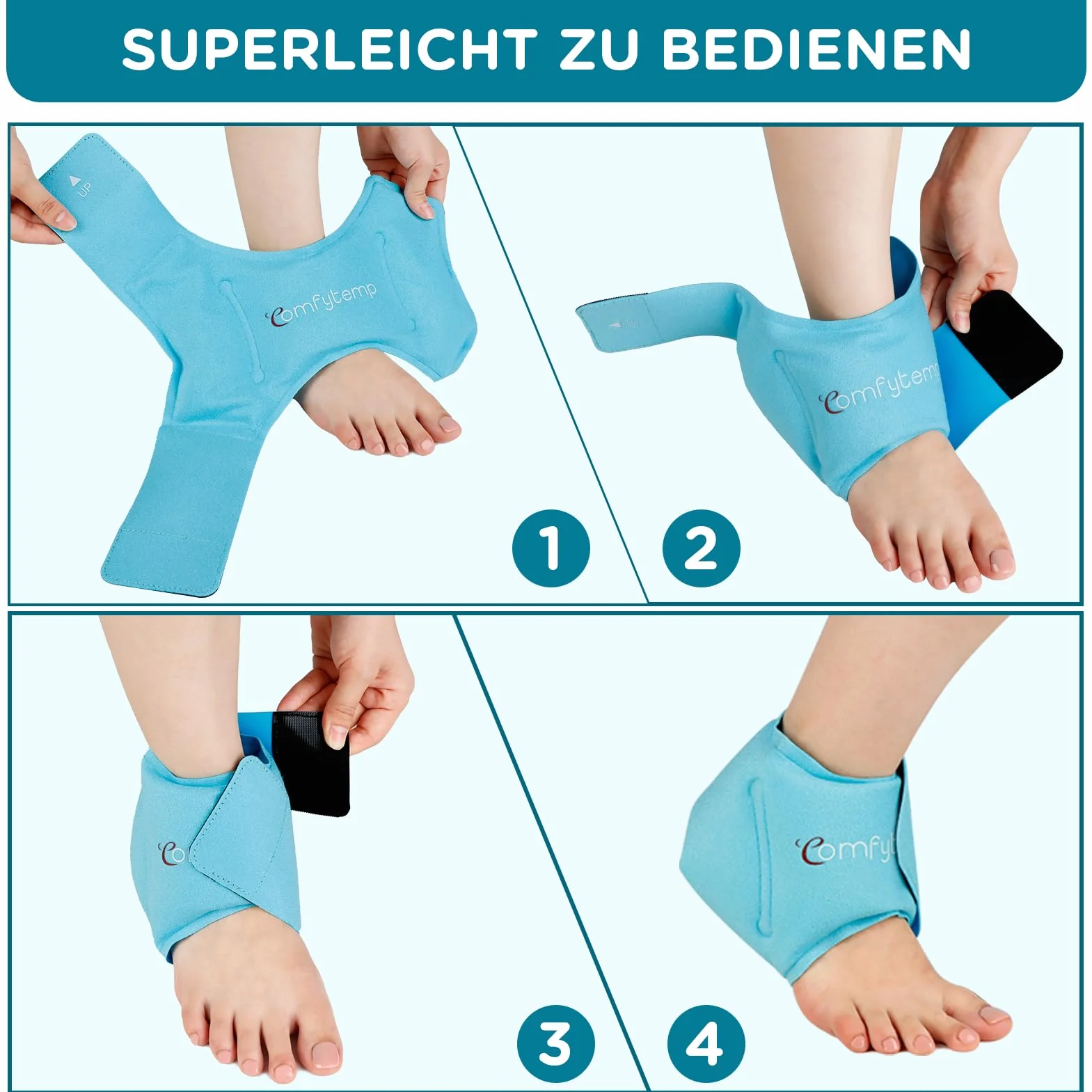 Comfytemp Żelowe wkładki chłodzące na kostki (1 sztuka), bandaż chłodzący na staw skokowy, łagodzi ból, zimny, ciepły kompres, wielokrotnego użytku, opakowanie chłodzące, ścięgno Achillesa, 30 x 11 cm