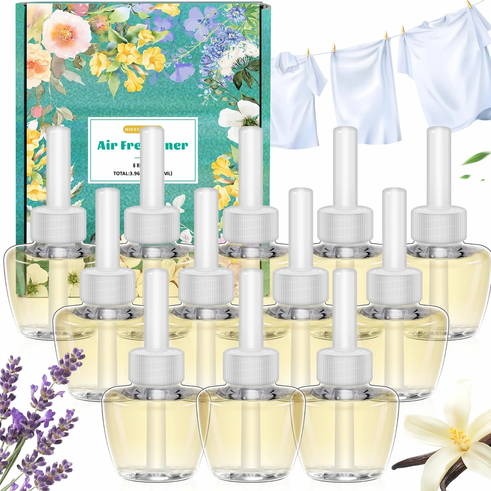 SCENTORINI Wkład z olejkiem zapachowym, kompatybilny z wtyczkami zapachowymi Air Wick i Glade, 12 x 19 ml, lawendowy, len, wanilia, odświeżacz powietrza do pomieszczeń, olejek zapachowy