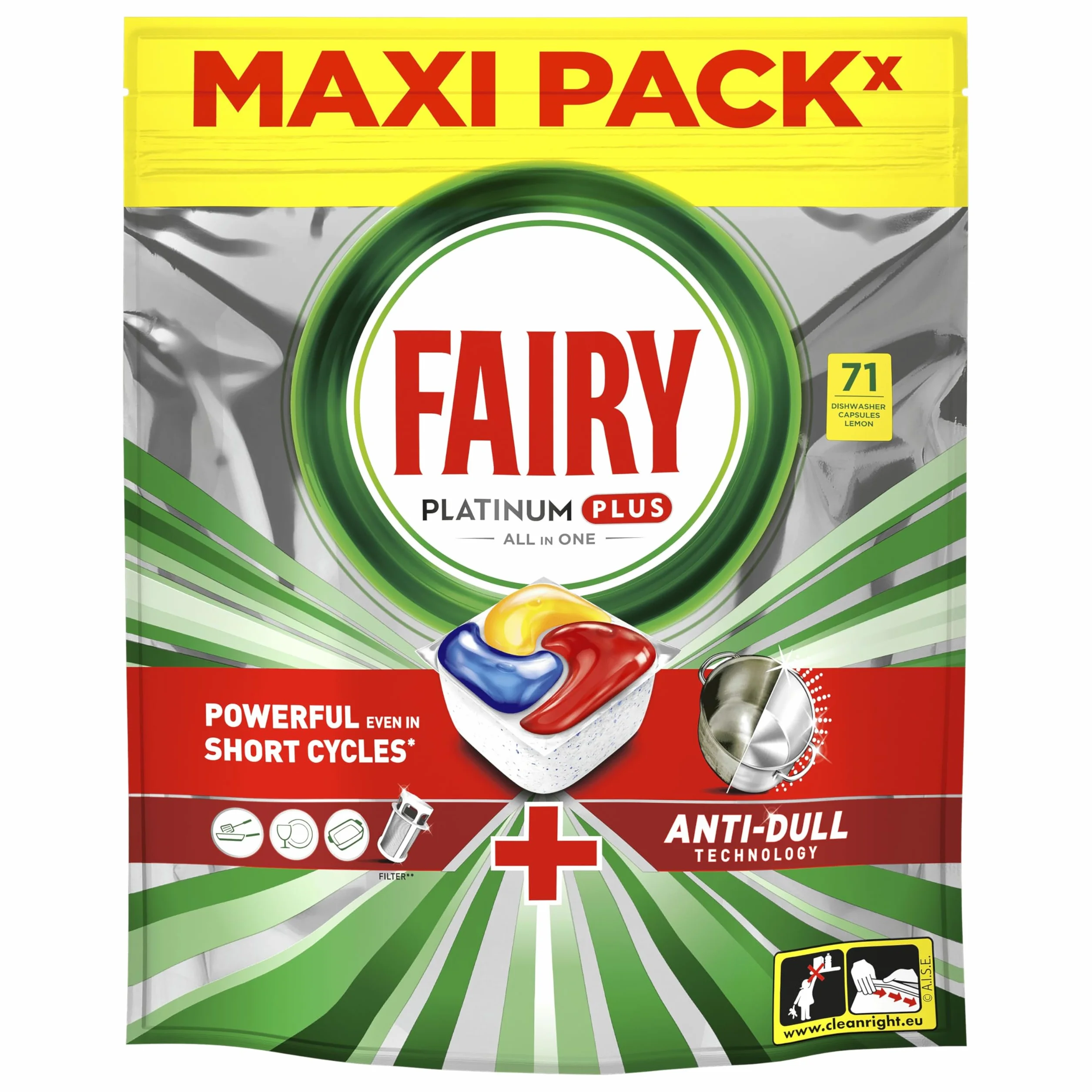 Fairy Platinum Plus Cytryna Tabletki do zmywarki All in One, 71 tabletek, najlepsze czyszczenie, aby naczynia były lśniąco czyste, nadają połysk i zapobiegają powstawaniu kamienia