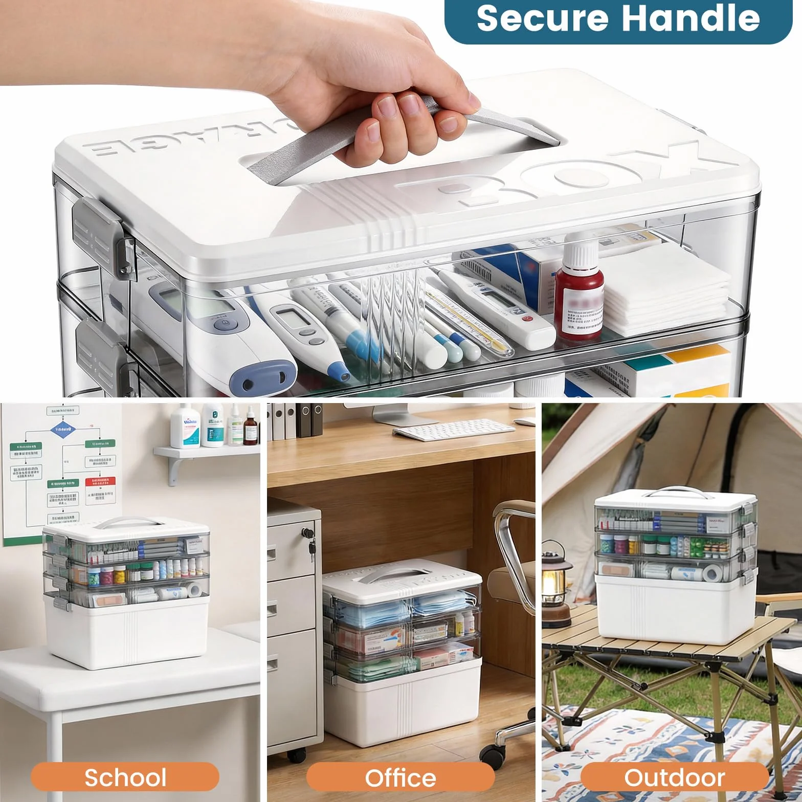 4-poziomowe pudełko na leki 33,5 x 22 x 29 cm ze skórzanym uchwytem organizer na apteczkę domową