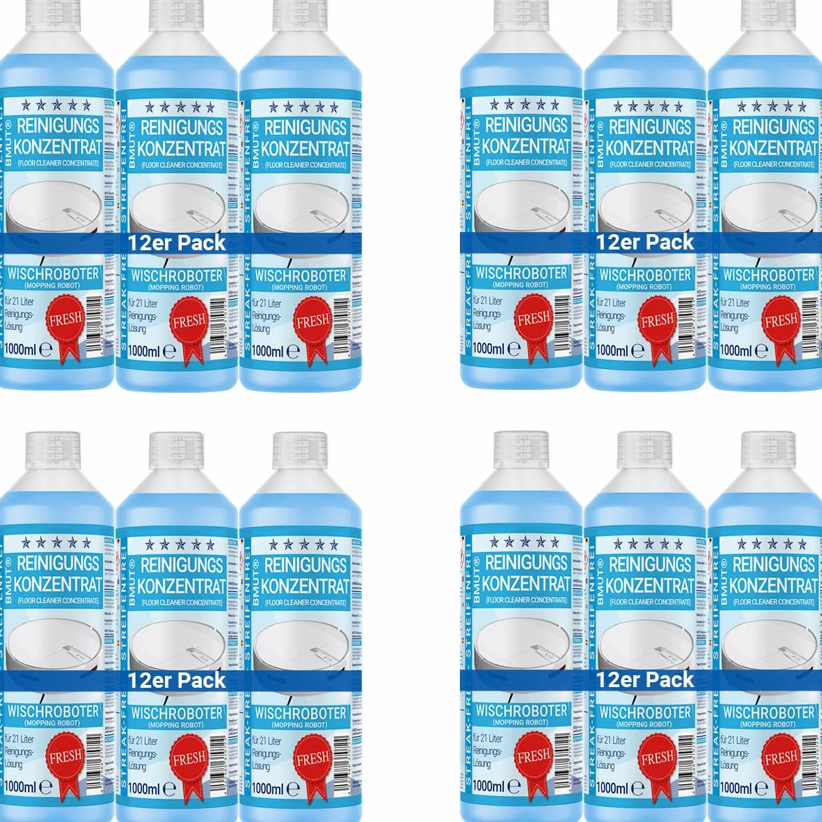 12x 1000 ml koncentratu do czyszczenia robota sprzątającego z świeżym zapachem i miernikiem | Bez pasków i mało piany | Odkurzacz do szorowania | Środek czyszczący do podłóg