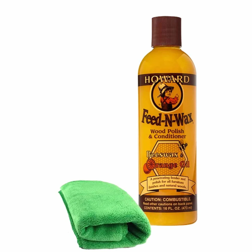 Feed N Wax Lakier do drewna i odżywka do drewna firmy Howard Furniture Feed BeesWax, wosk Carnauba i olejek pomarańczowy w jednym pakiecie 473 ml z profesjonalną ściereczką z mikrofibry (2 sztuki)