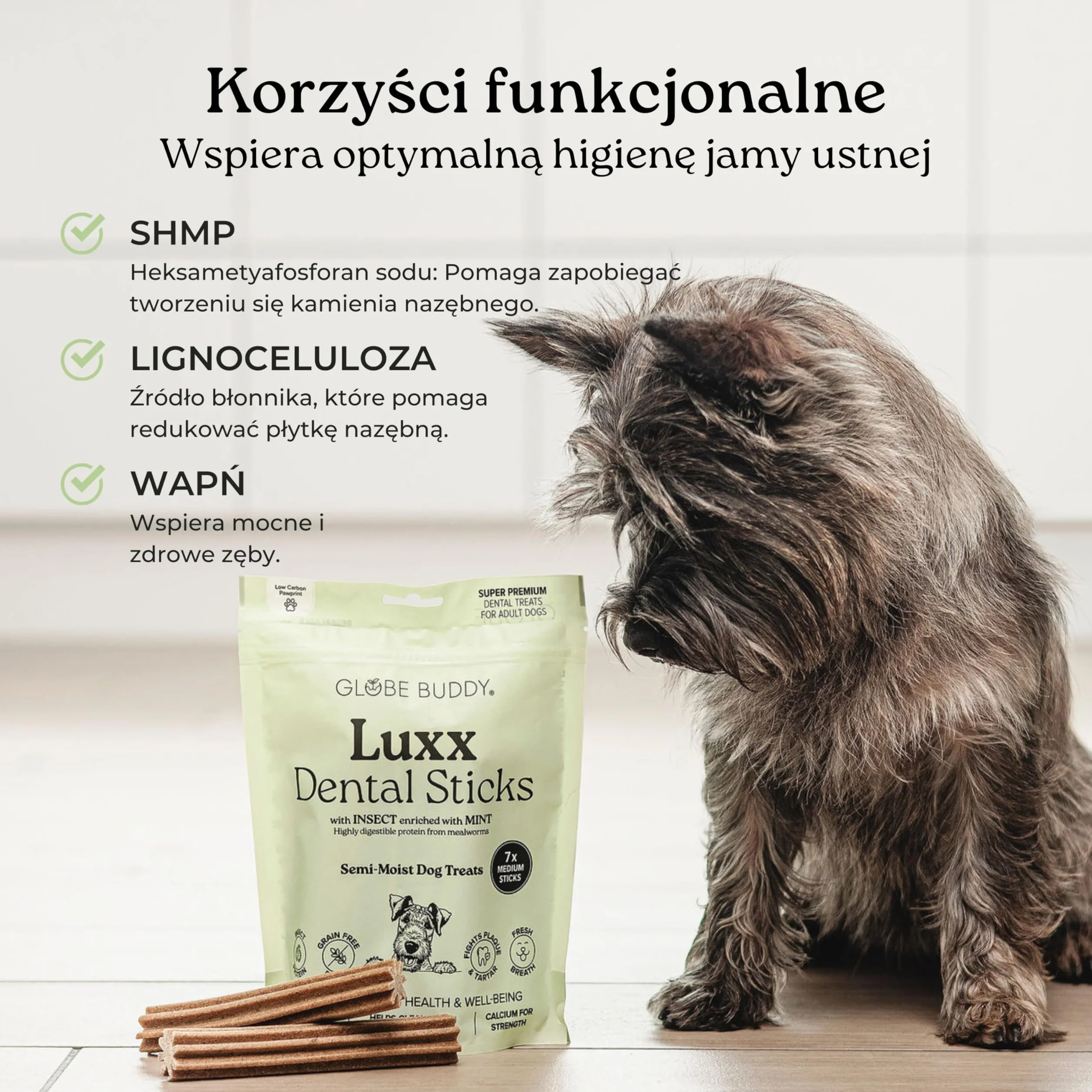 Luxx Dentystyczne Przysmaki dla Psów – Bezzbożowe Gryzaki z Białkiem z Owadów, Miętą & SHMP – 7 Super Premium Smakołyków (250g)