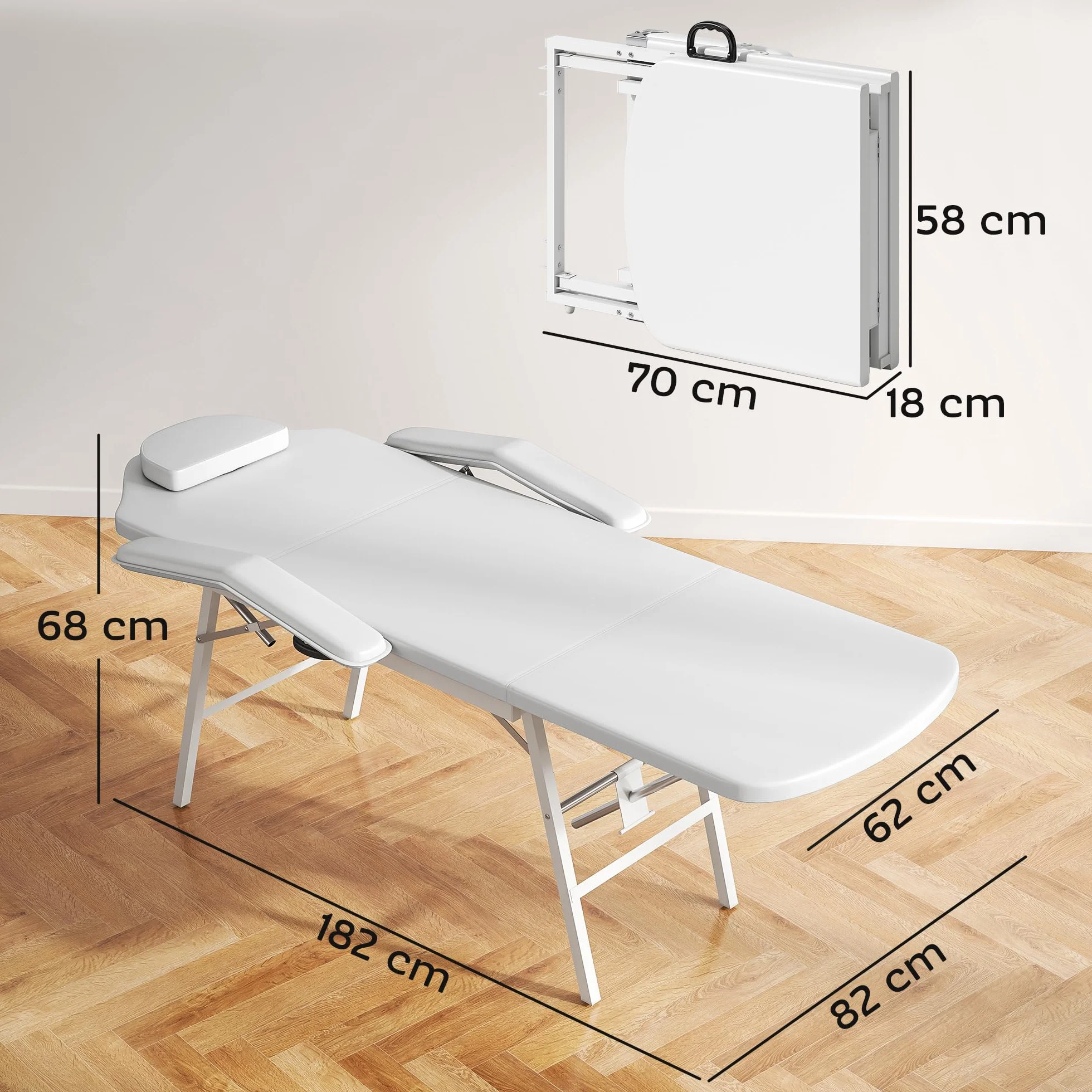HOMCOM Portable Massage Table 3 Section Adjustable Beauty Bed Foldable with Headrest Padded Armrests White