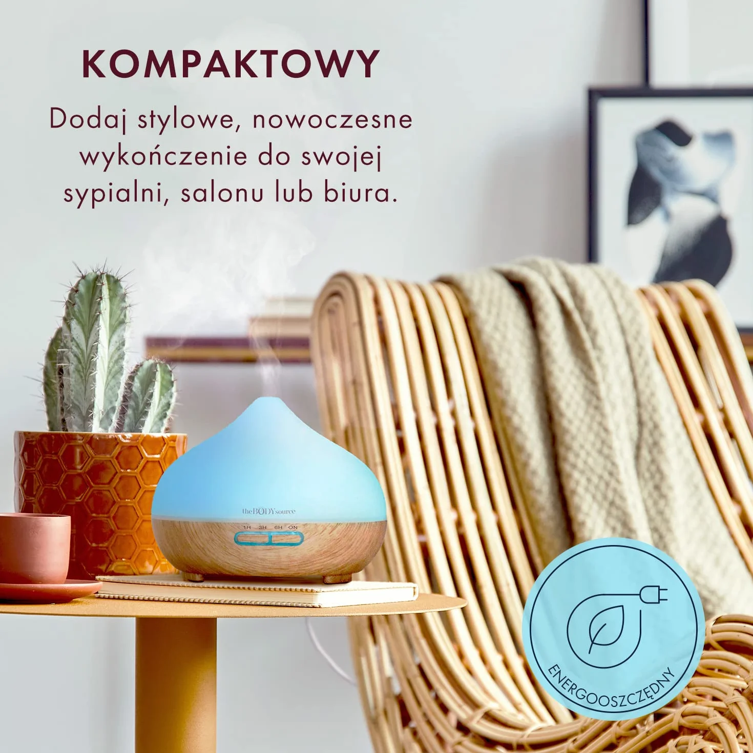 The Body Source Dyfuzor Zapachowy Olejków Eterycznych, Ultradźwiękowa Lampa LED Zapachowa z 7 kolorami, Elektryczny Nawilżacz Powietrza, Timer, Aromaterapia Do Domu, Biura, Pokoju Dziecięcego, 300 ml