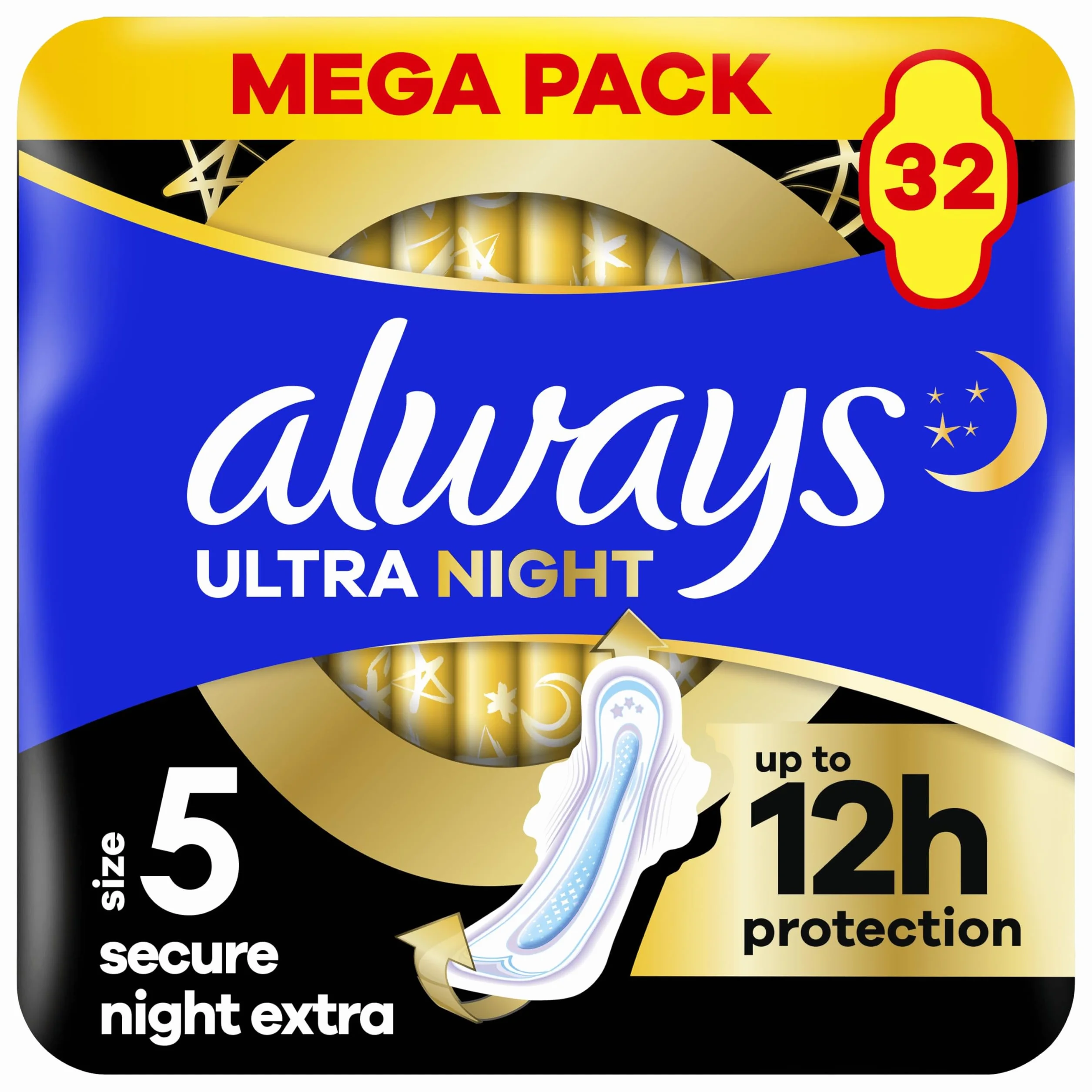 Always Ultra Podpaski Secure Night Extra rozmiar 5 ze skrzydełkami x32