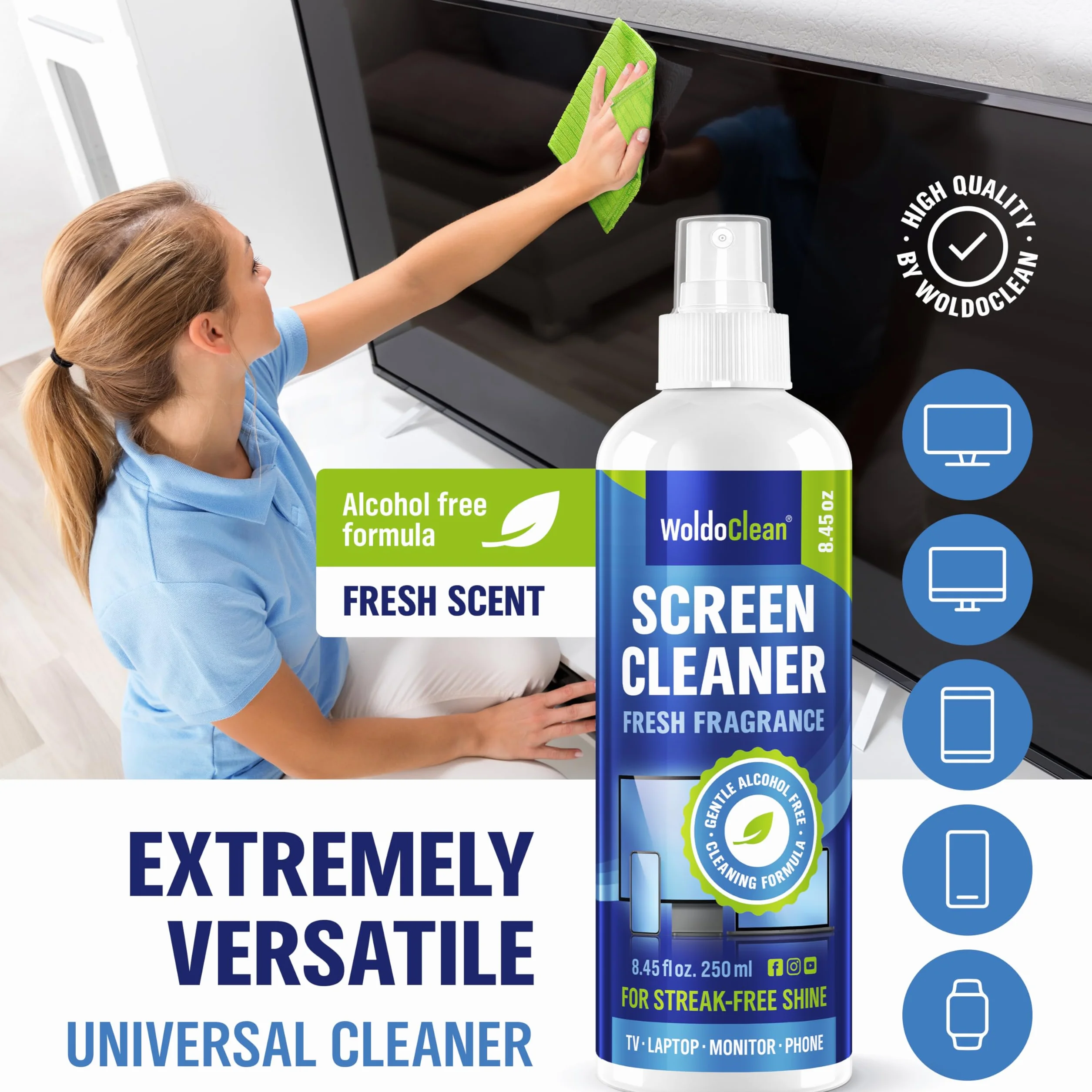 WoldoClean Czyścik do ekranów & spray do wyświetlaczy 250 ml – antystatyczny środek czyszczący do TV, monitora, laptopa, telewizora, smartfona i ekranów dotykowych w samochodzie