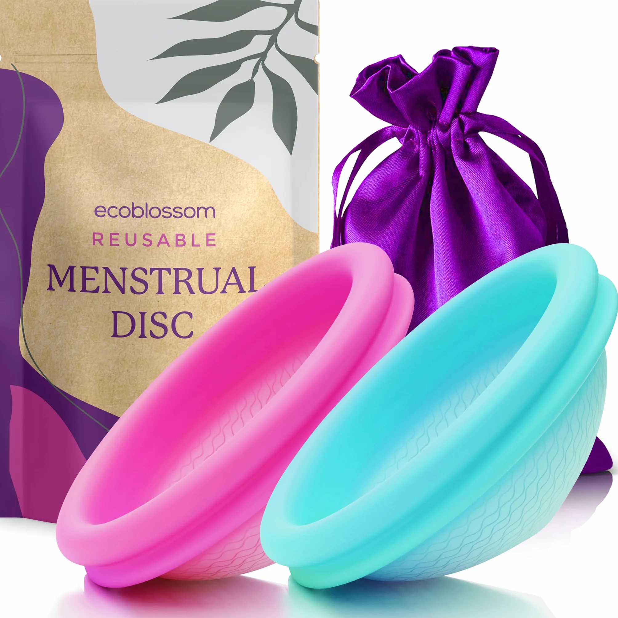 Ecoblossom Dysk menstruacyjny wielokrotnego użytku, zestaw 2 filiżanek menstruacyjnych, miękki dysk menstruacyjny dla kobiet, zaprojektowany z elastycznym, medycznym silikonowym kubkiem na okres (duży