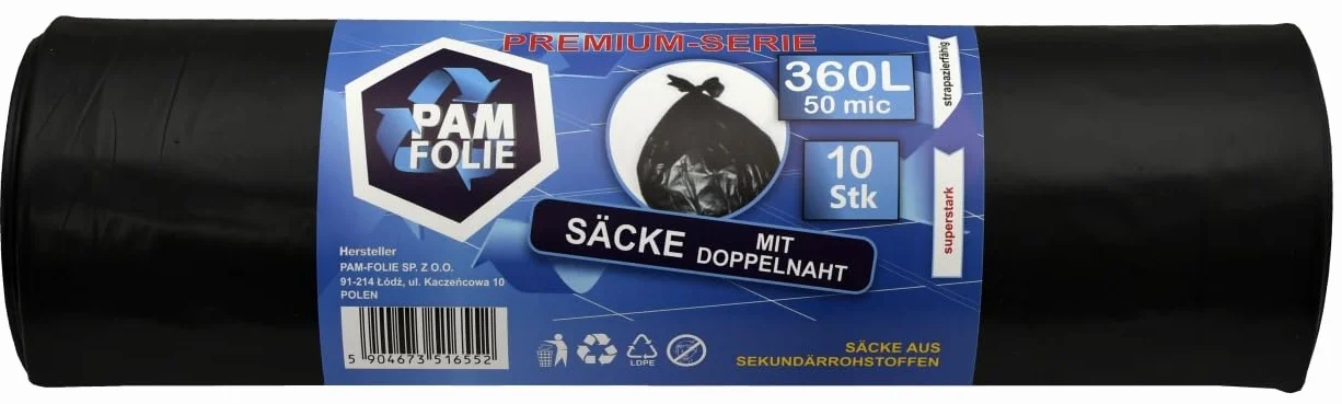 Worki na Śmieci 360L - 10 Sztuk - XXL, Duże, Bardzo Mocne, Grube - Premium 120x150cm - 50µm - Czarne - Na Gruz, Odpady Styropianowe