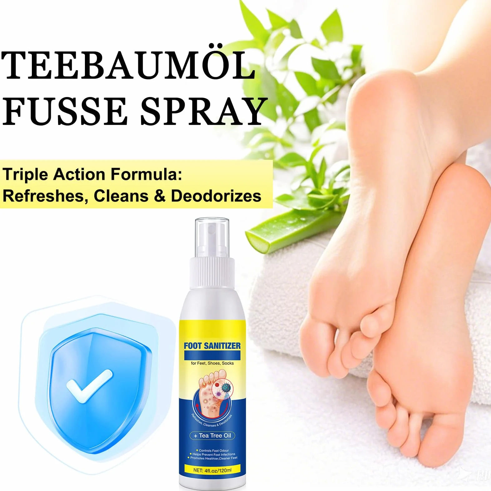 Spray do stóp, olejek z drzewa herbacianego, spray na grzybicę stóp, 120 ml, zapobiega powstawaniu grzybicy stóp, eliminuje zapach stóp dla mężczyzn i kobiet